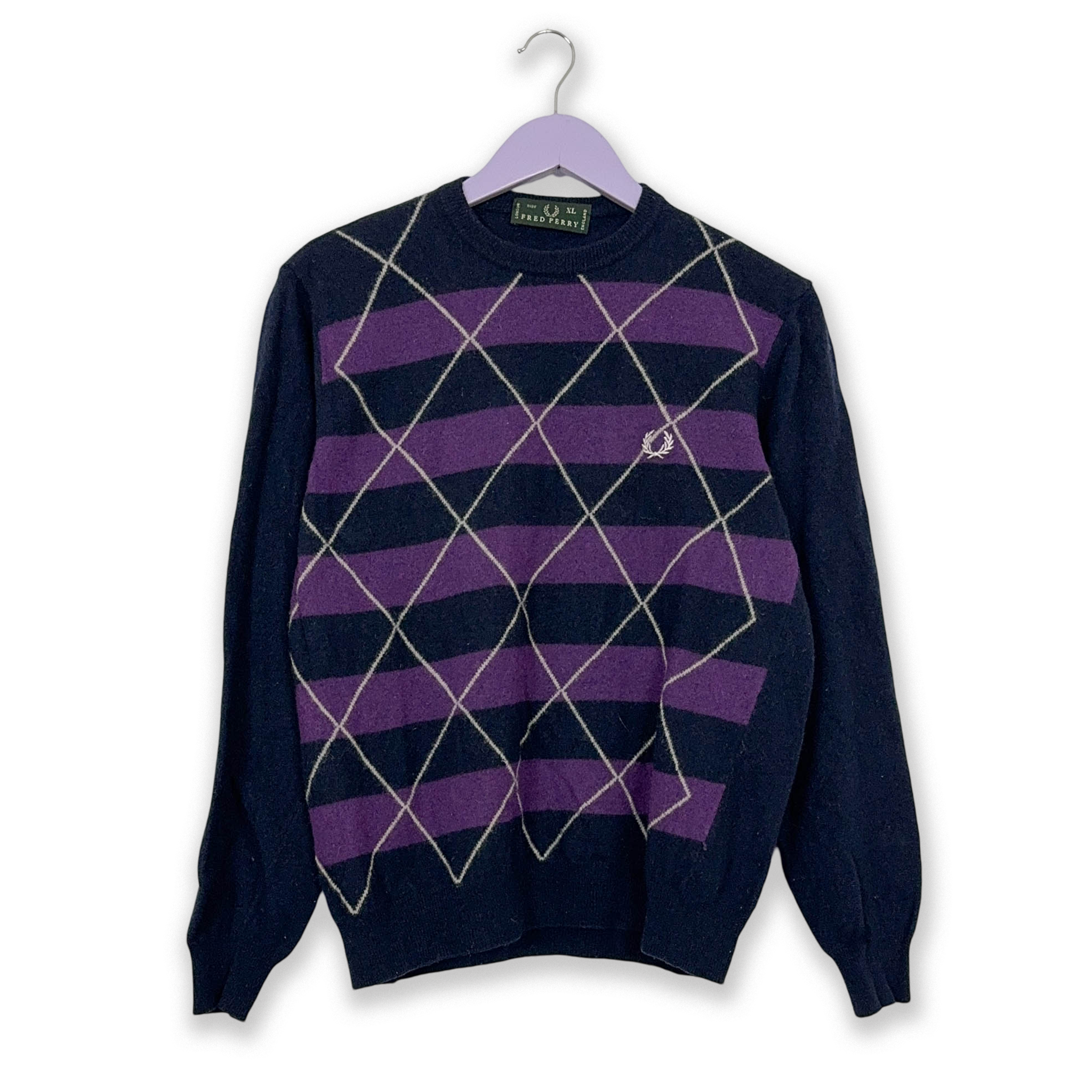 Maglione Fred Perry blue viola a righe e rombi misto lana Taglia