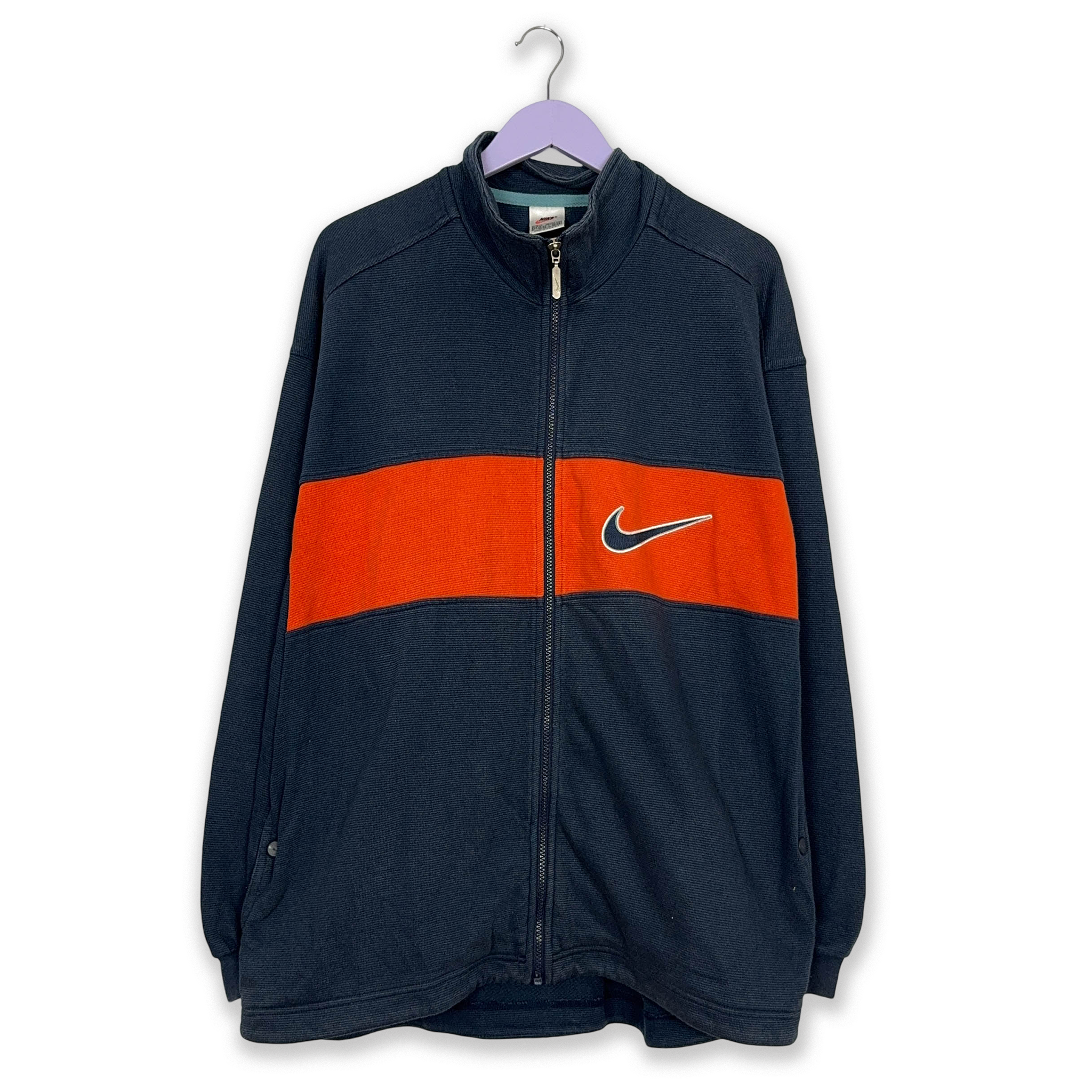 Felpa Nike Vintage blu scuro e arancione con zip e loghi ricamati