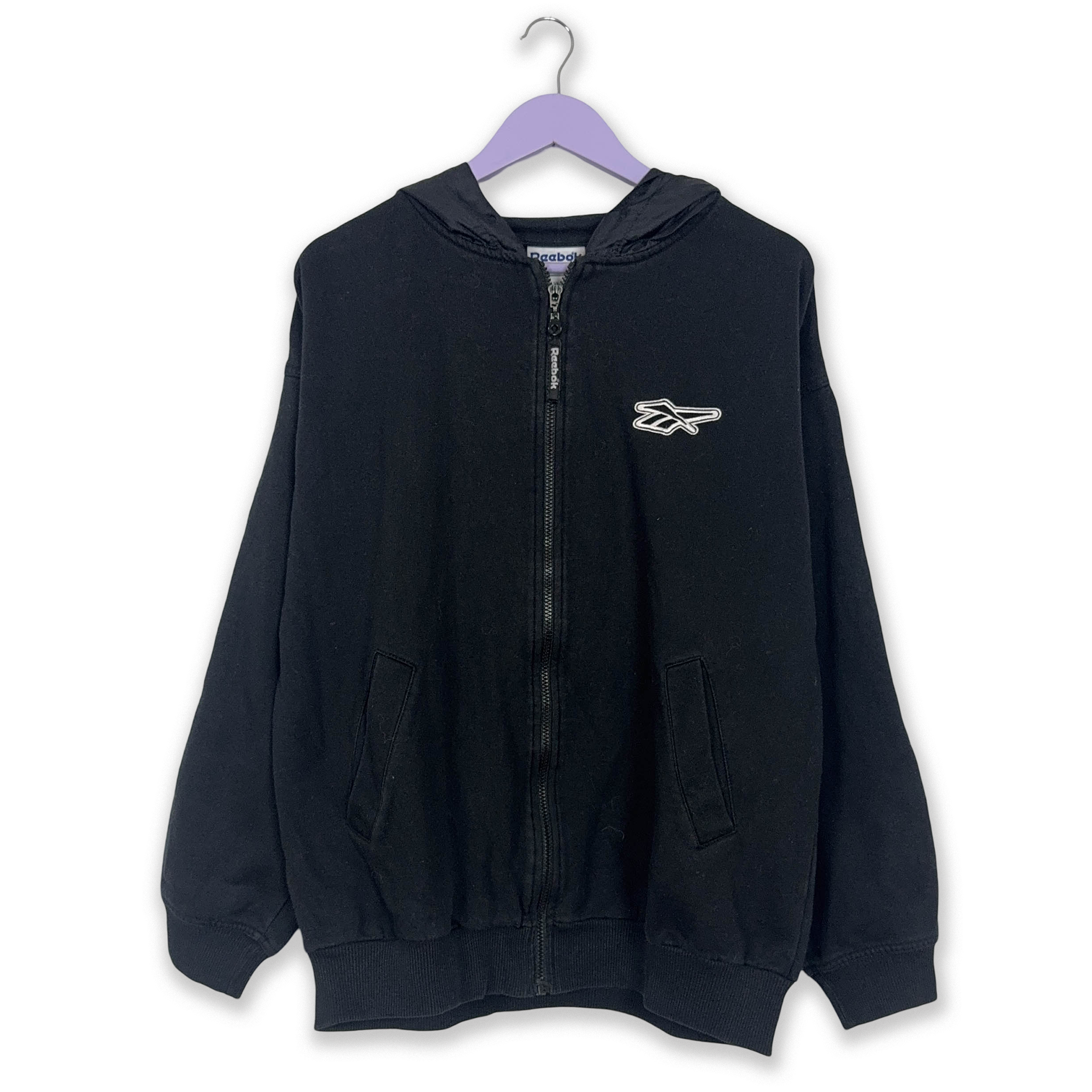 Felpa Reebok Vintage nera con zip e cappuccio anni 90 Taglia L