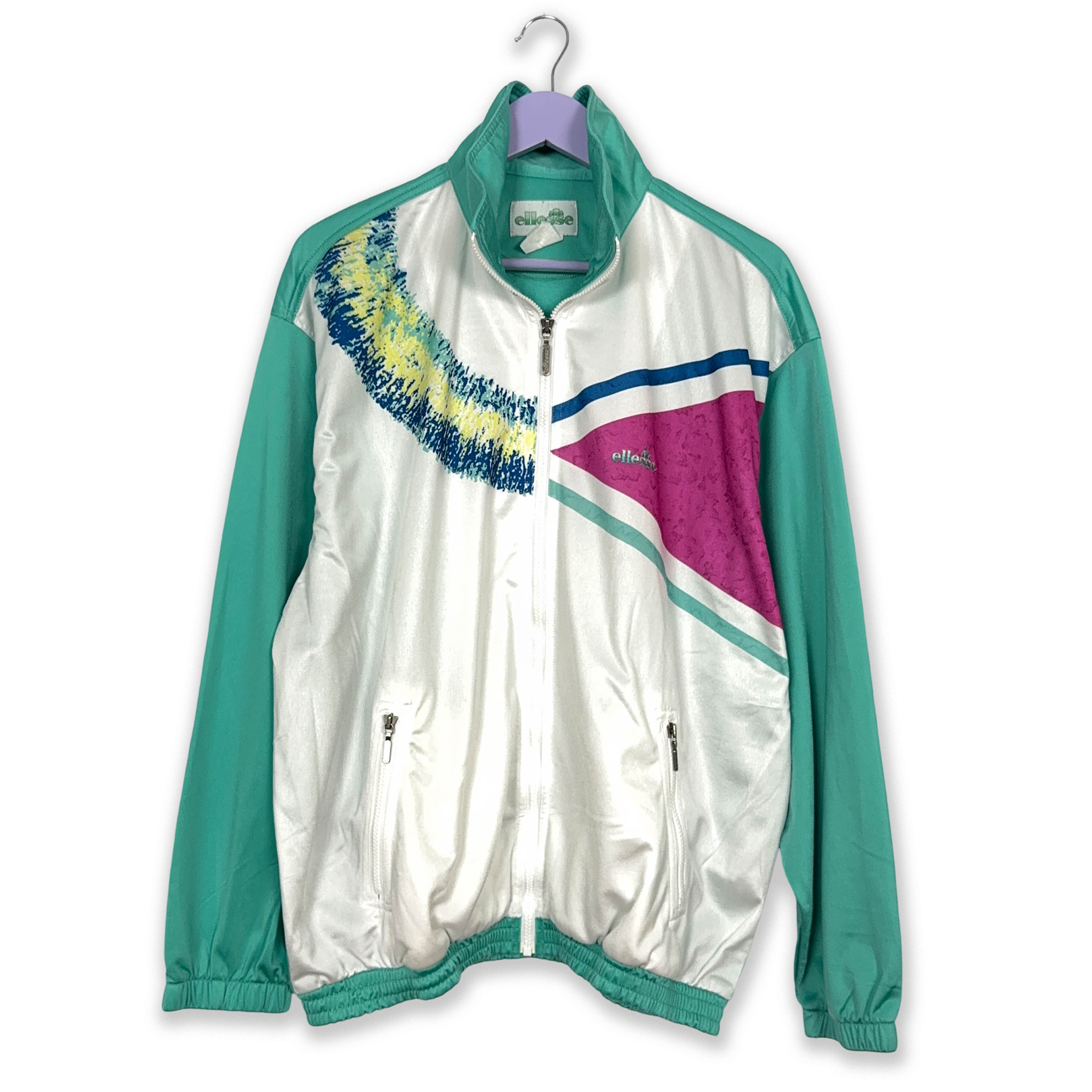Ellesse Vintage Green and White 90's Patterned Zip Up Sweatshirt