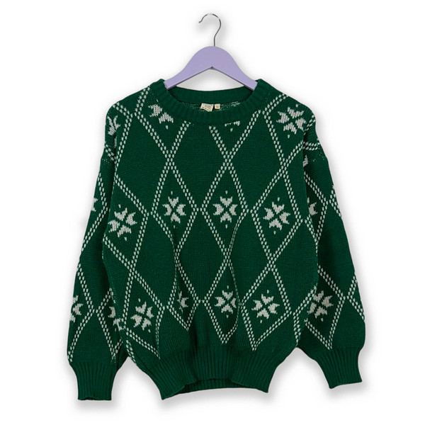 Maglione Vintage 70% lana verde e bianco a girocollo a fantasia geometrica - Taglia M uomo