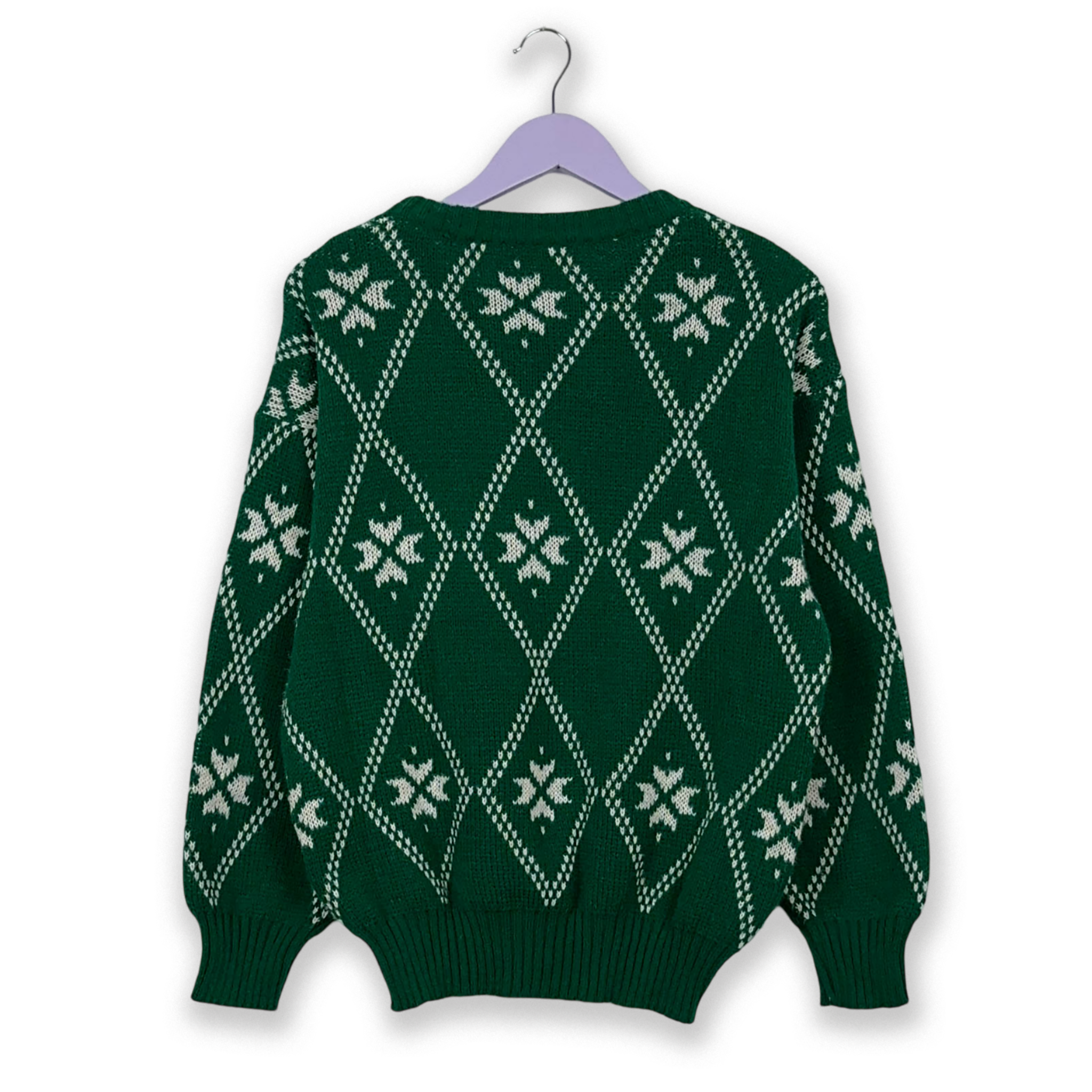 Maglione Vintage 70% lana verde e bianco a girocollo a fantasia geometrica - Taglia M uomo