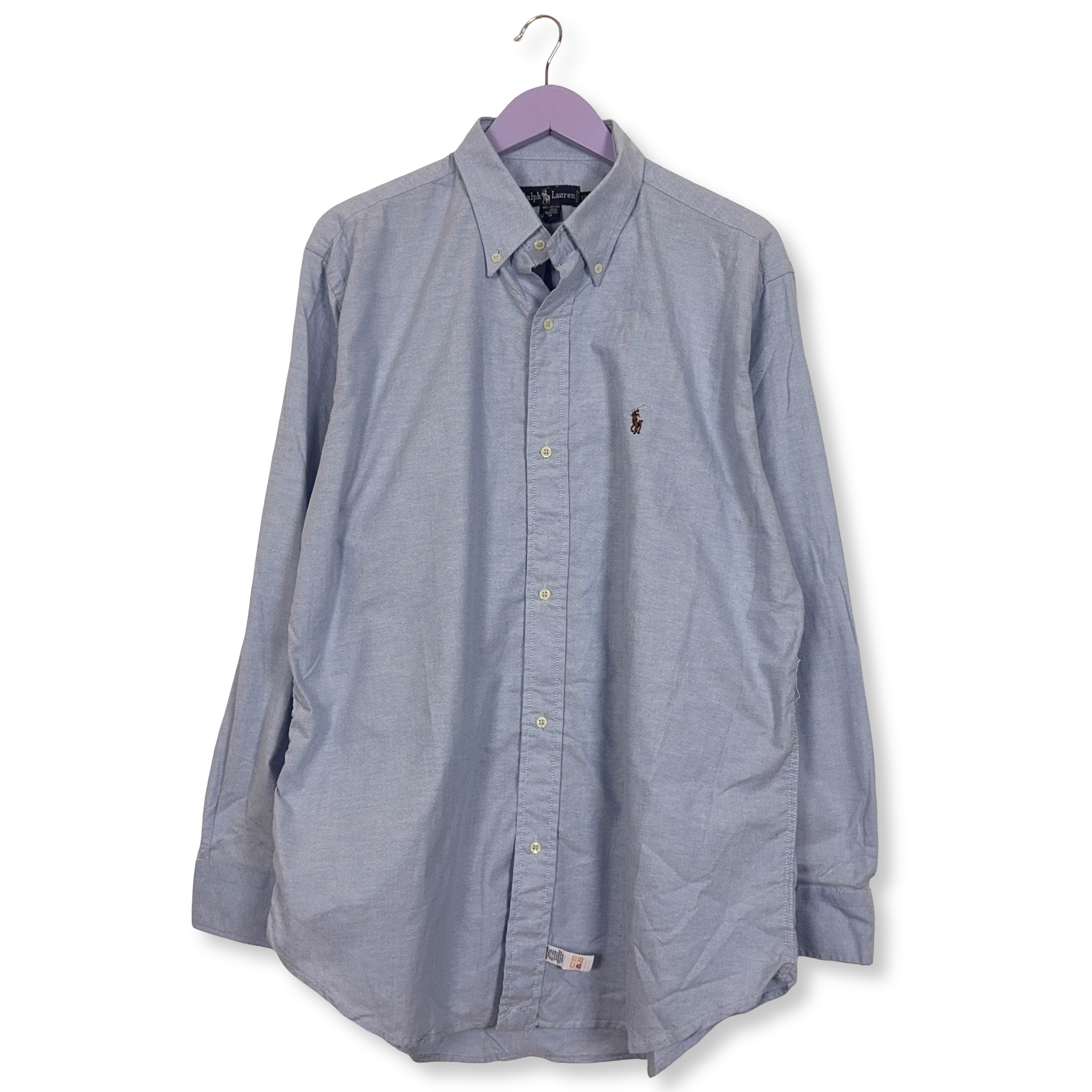 Camicia Ralph Lauren azzurra tinta unita in cotone logo ricamato - Taglia 17 uomo