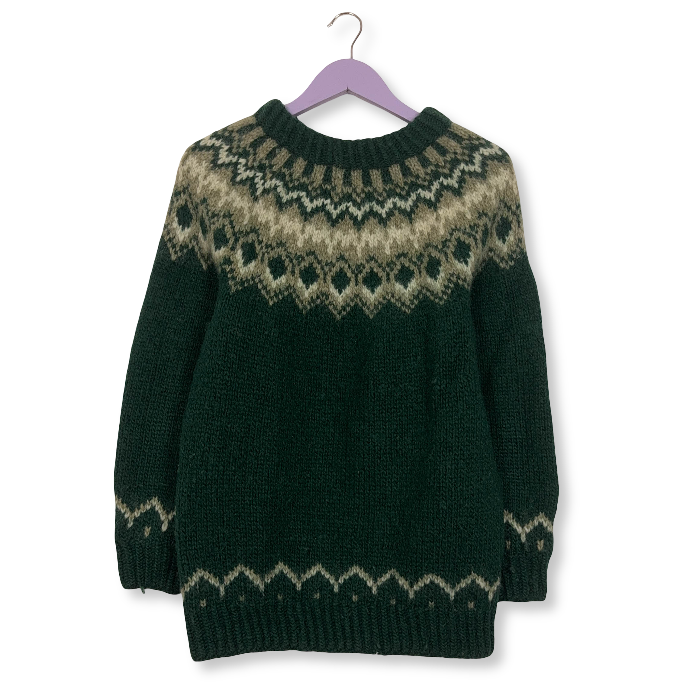 Maglione Vintage Handmade verde e crema a girocollo anni 80 90 - Taglia S uomo