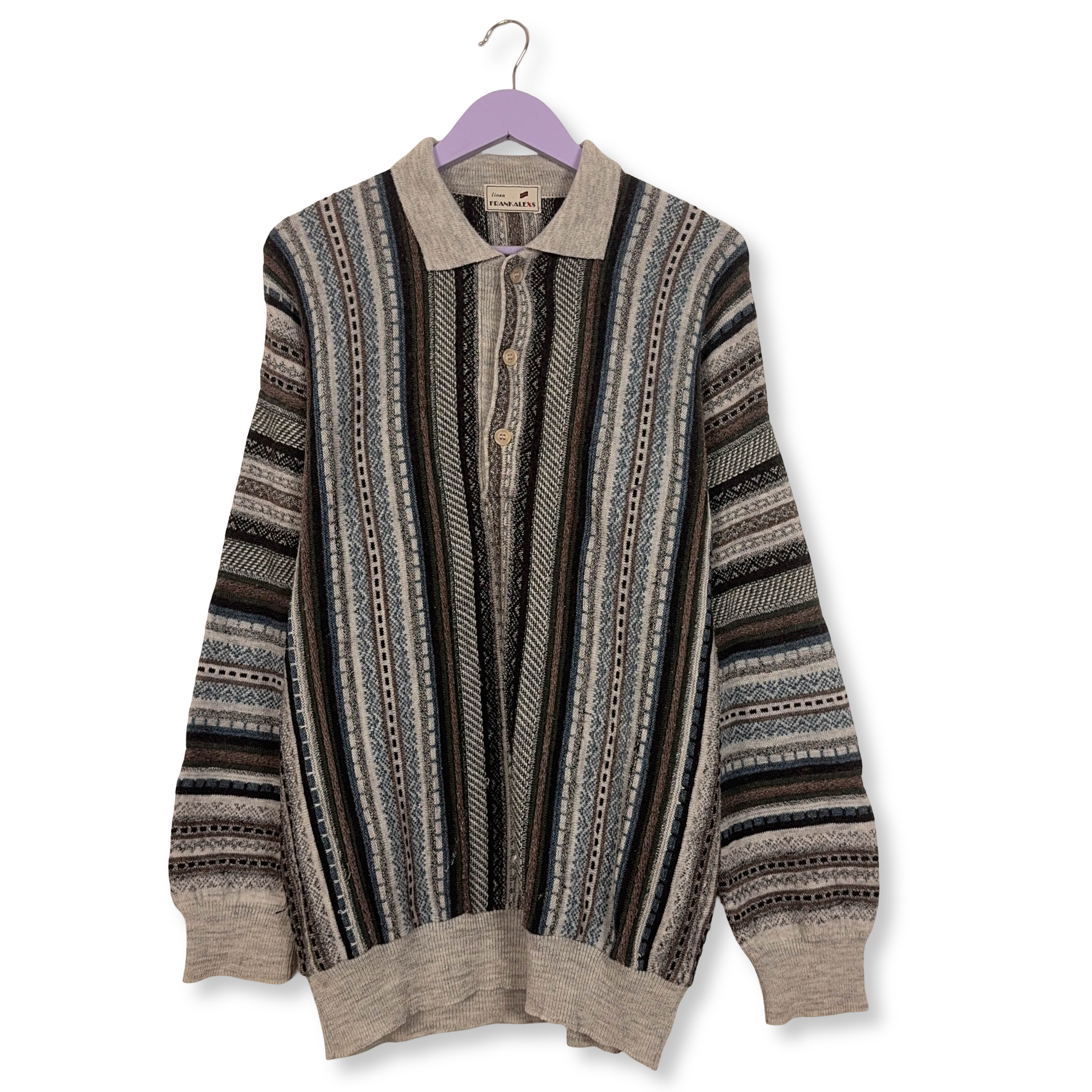 Maglione Vintage grigio a righe con bottoni 50% lana anni 80 90 - Taglia 54 uomo