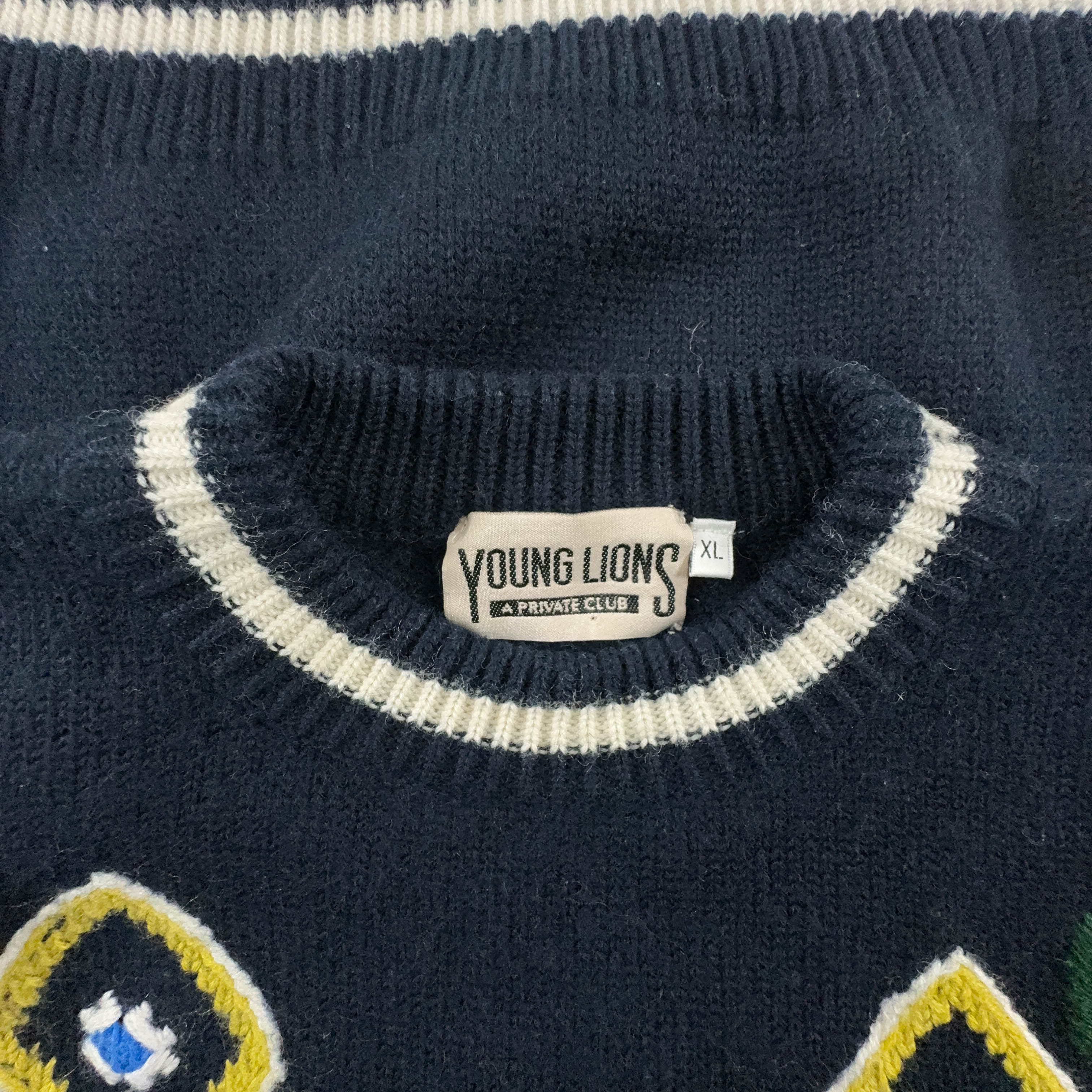 Dark Blue Vintage Sweater 50% Wool Crew Neck with Embroidery - Size XL Men