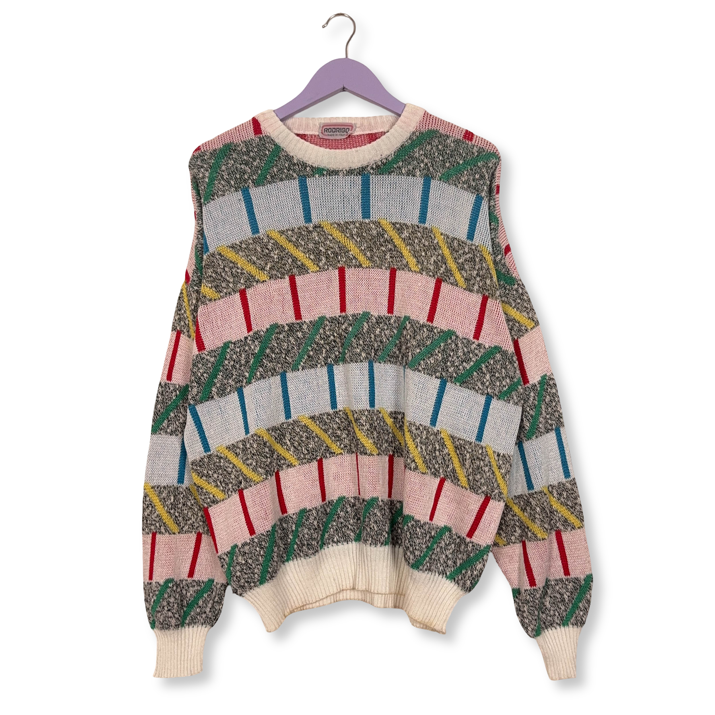 Maglione Vintage bianco fantasia multicolore 80% cotone anni 80 90 - Taglia 56 uomo