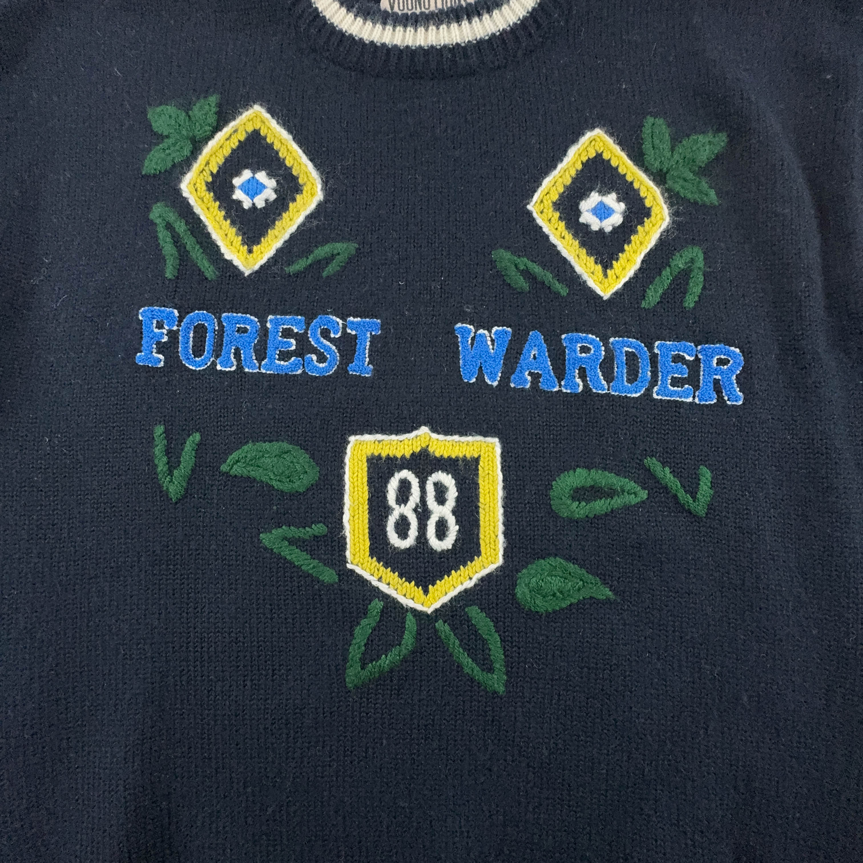 Dark Blue Vintage Sweater 50% Wool Crew Neck with Embroidery - Size XL Men