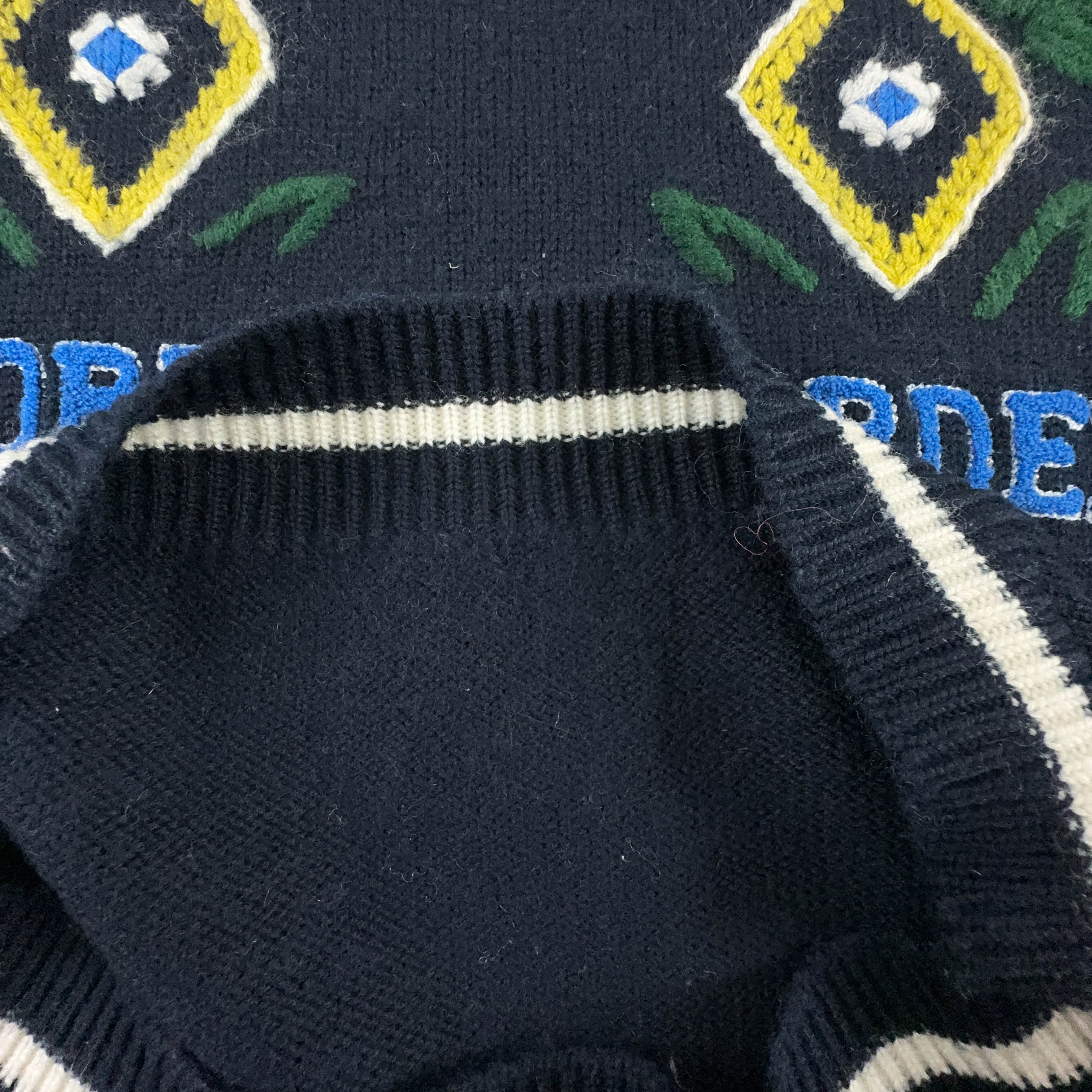 Dark Blue Vintage Sweater 50% Wool Crew Neck with Embroidery - Size XL Men