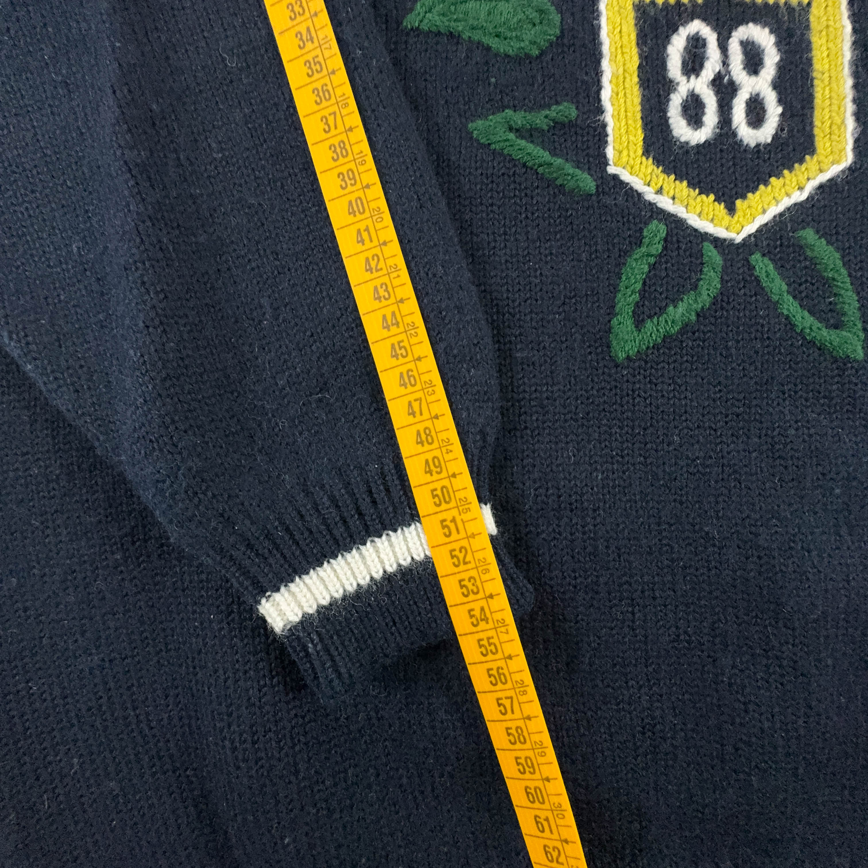 Dark Blue Vintage Sweater 50% Wool Crew Neck with Embroidery - Size XL Men