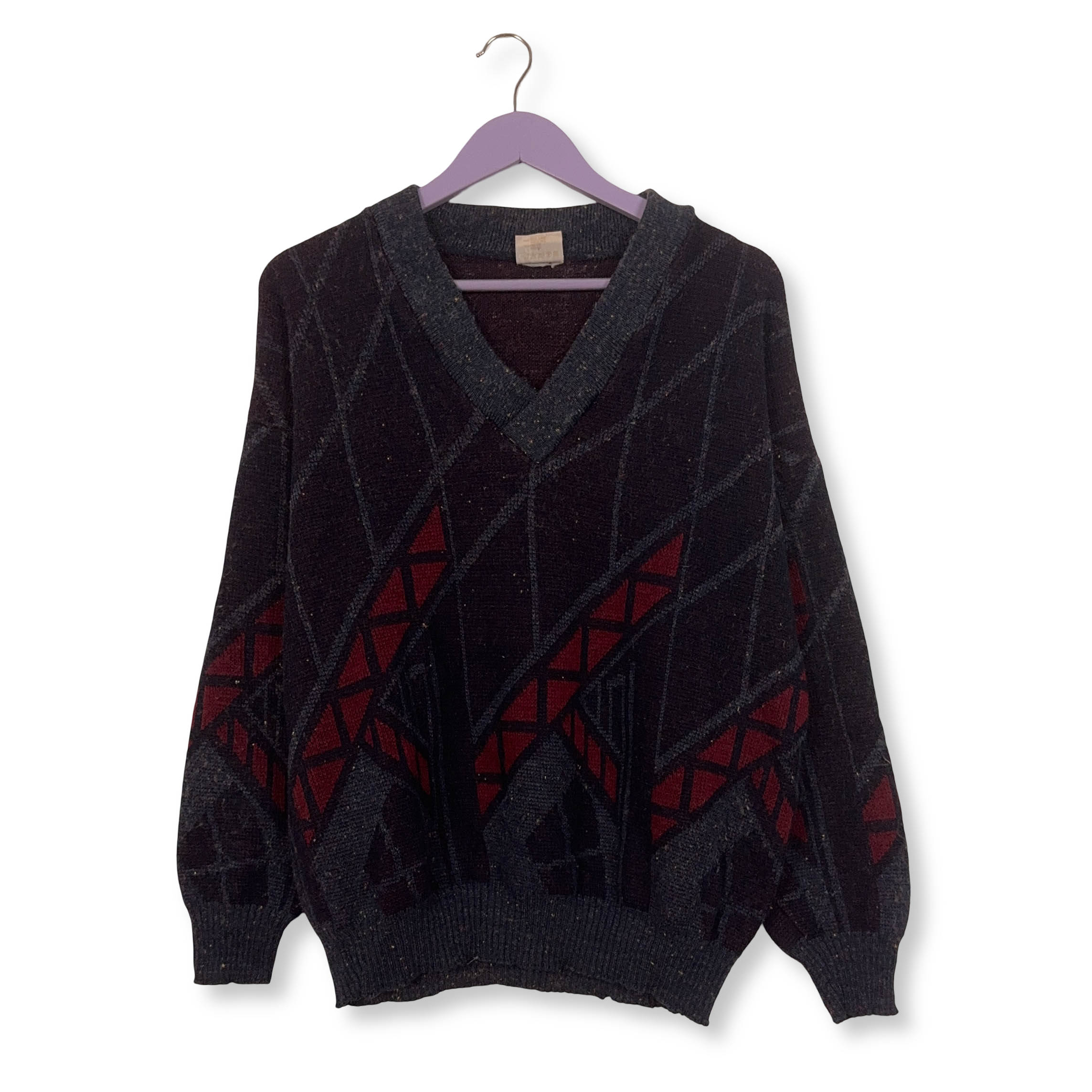 Maglione Vintage blu scuro scollo a V geometrico 20% lana anni 80 90 - Taglia L/XL uomo