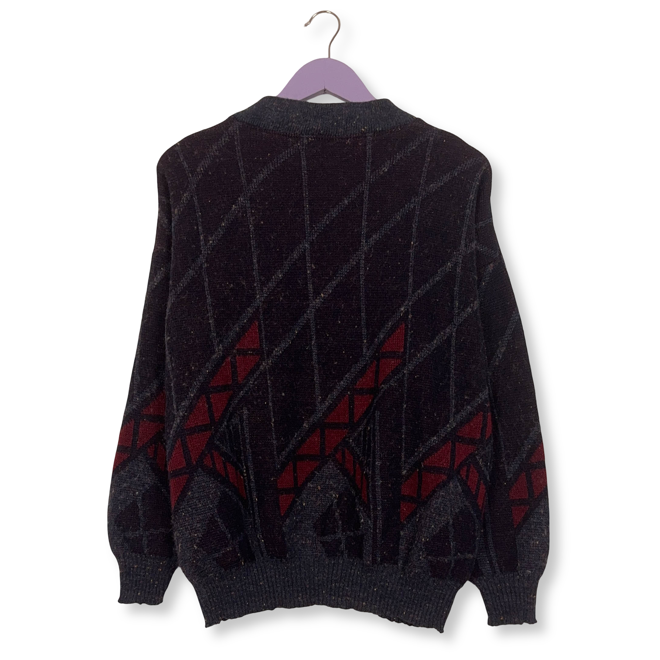 Maglione Vintage blu scuro scollo a V geometrico 20% lana anni 80 90 - Taglia L/XL uomo