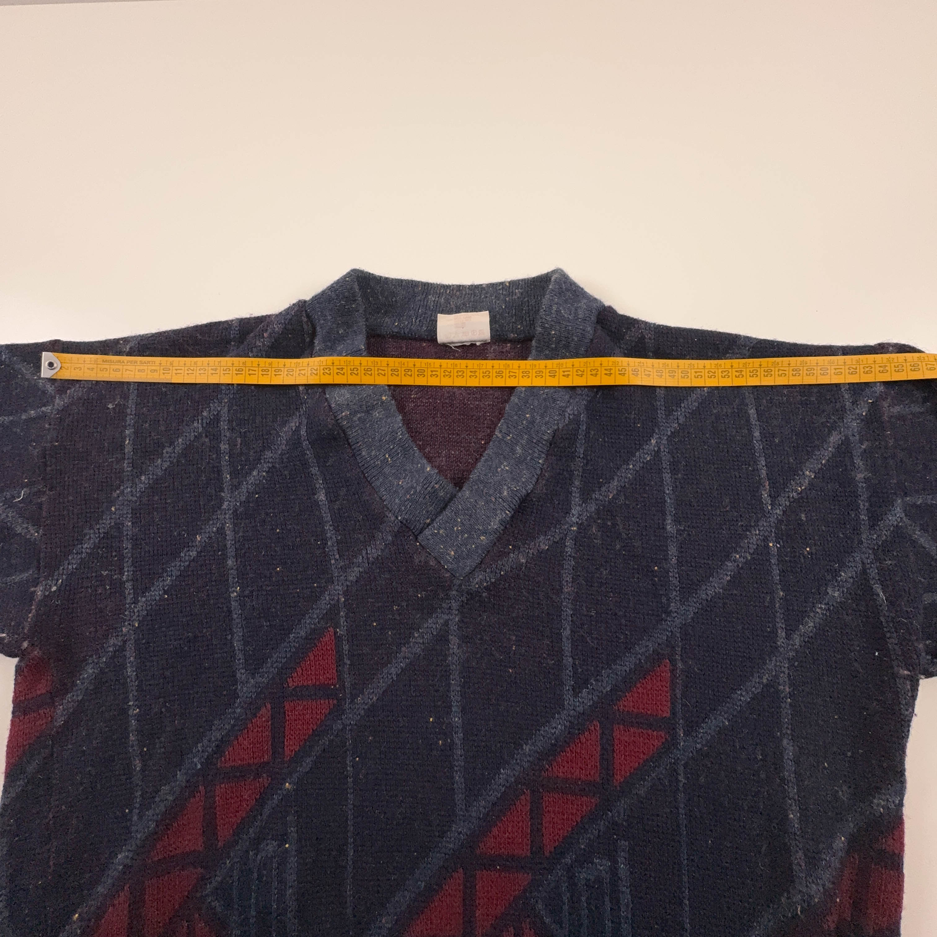 Maglione Vintage blu scuro scollo a V geometrico 20% lana anni 80 90 - Taglia L/XL uomo