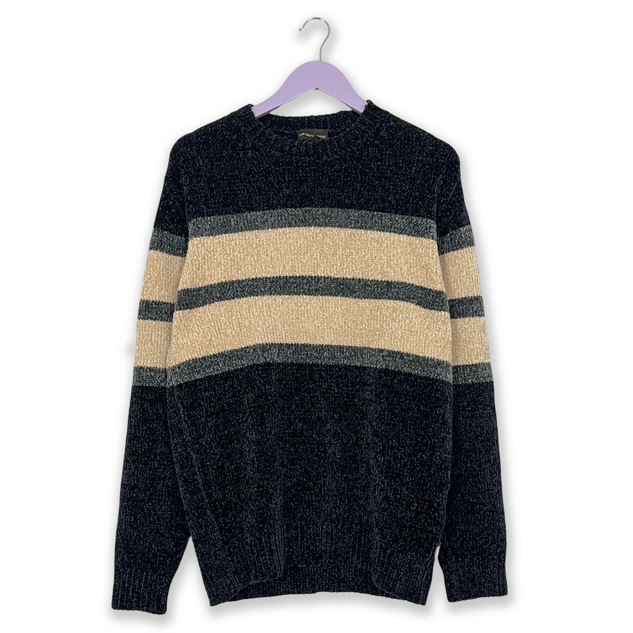 Emporio Armani Dark Blue & Beige Crew Neck Sweater - Size L/XL Men