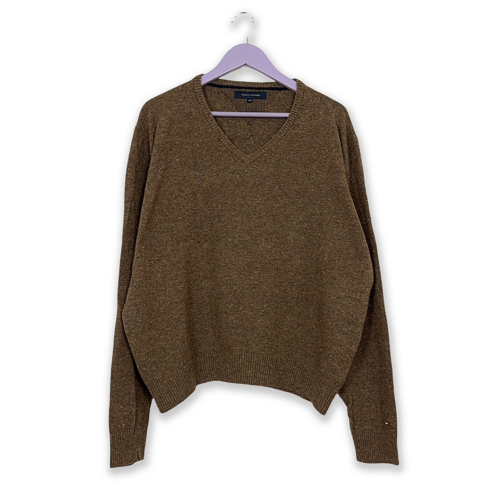 Tommy Hilfiger Brown 80% Lambswool V-Neck Sweater - Size XXL Men