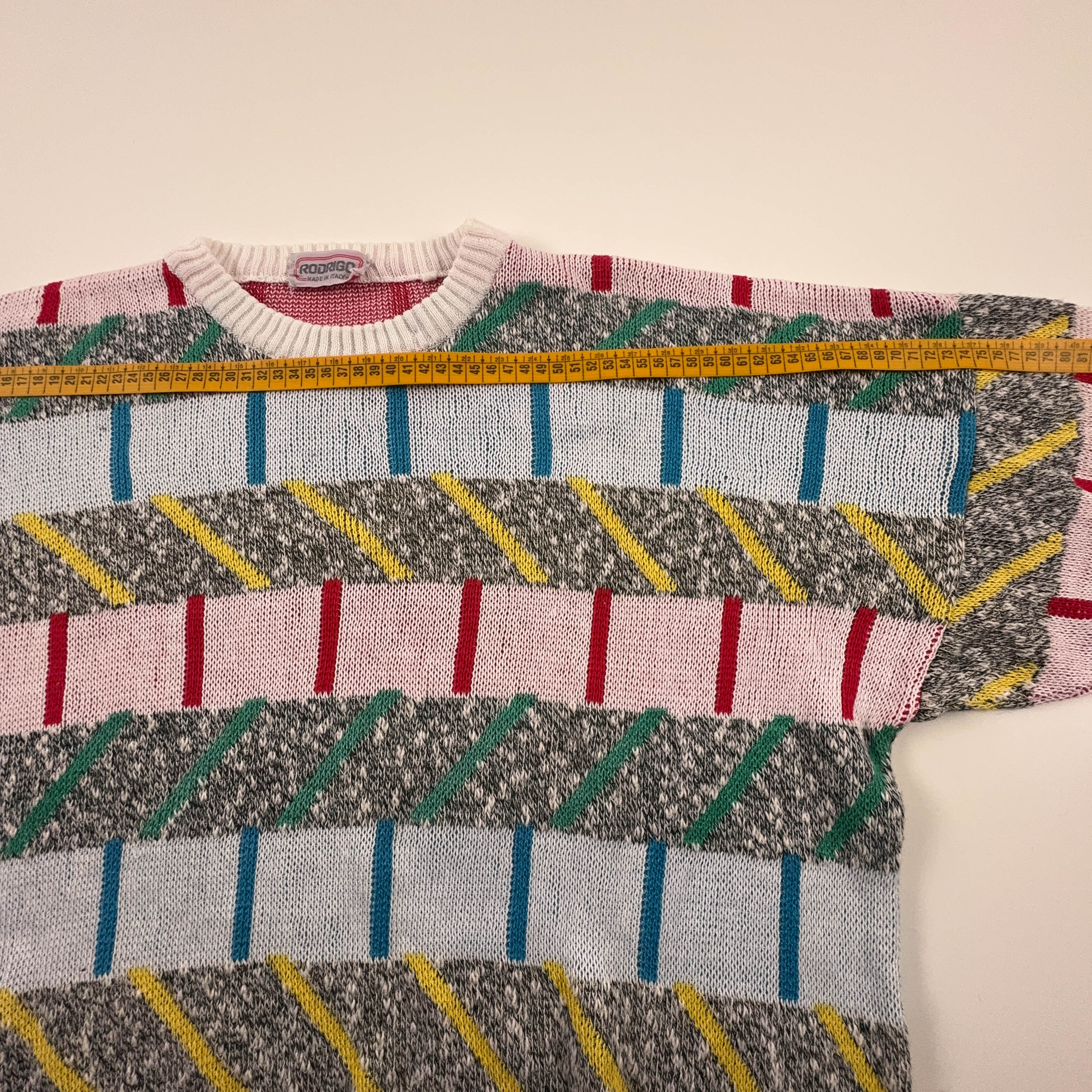 Maglione Vintage bianco fantasia multicolore 80% cotone anni 80 90 - Taglia 56 uomo