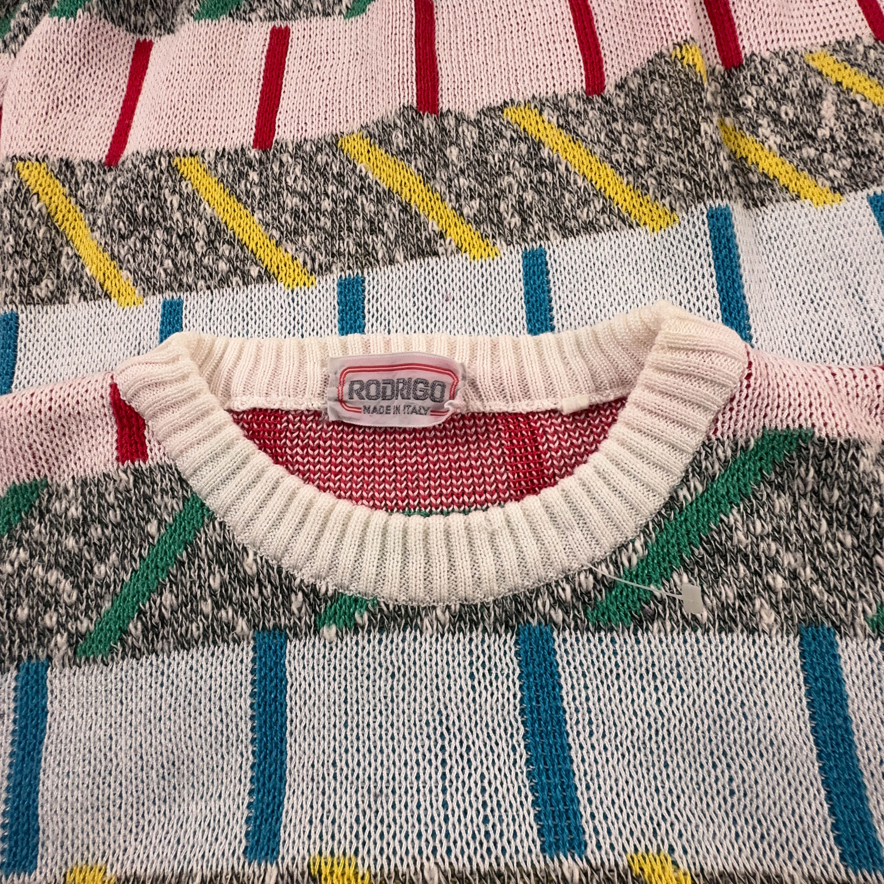 Maglione Vintage bianco fantasia multicolore 80% cotone anni 80 90 - Taglia 56 uomo