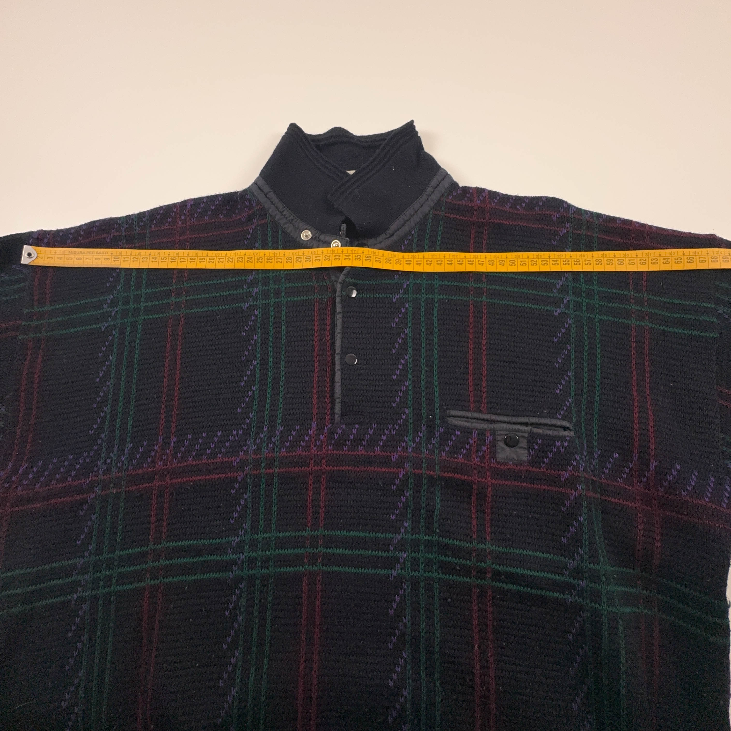 Maglione Vintage blu scuro geometrico con bottoni anni 80 90 - Taglia 52 54 uomo