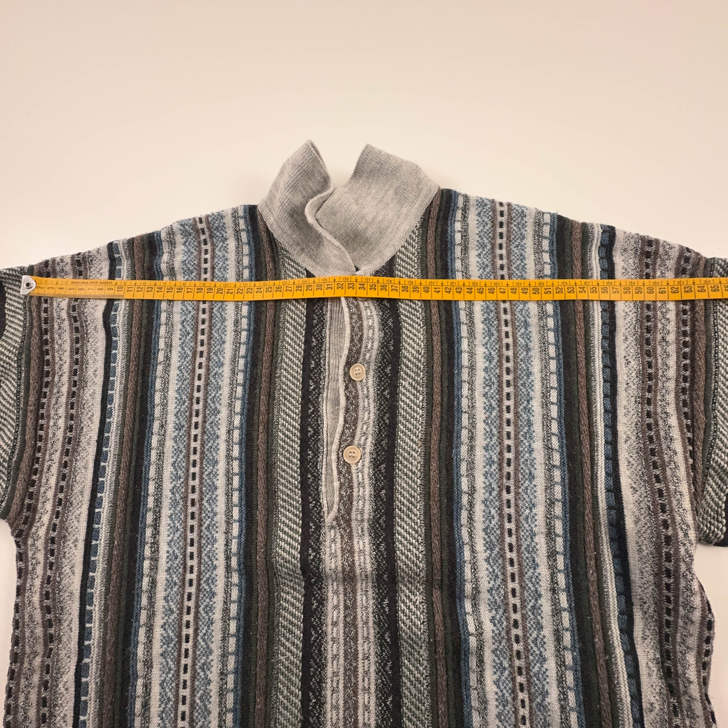 Maglione Vintage grigio a righe con bottoni 50% lana anni 80 90 - Taglia 54 uomo