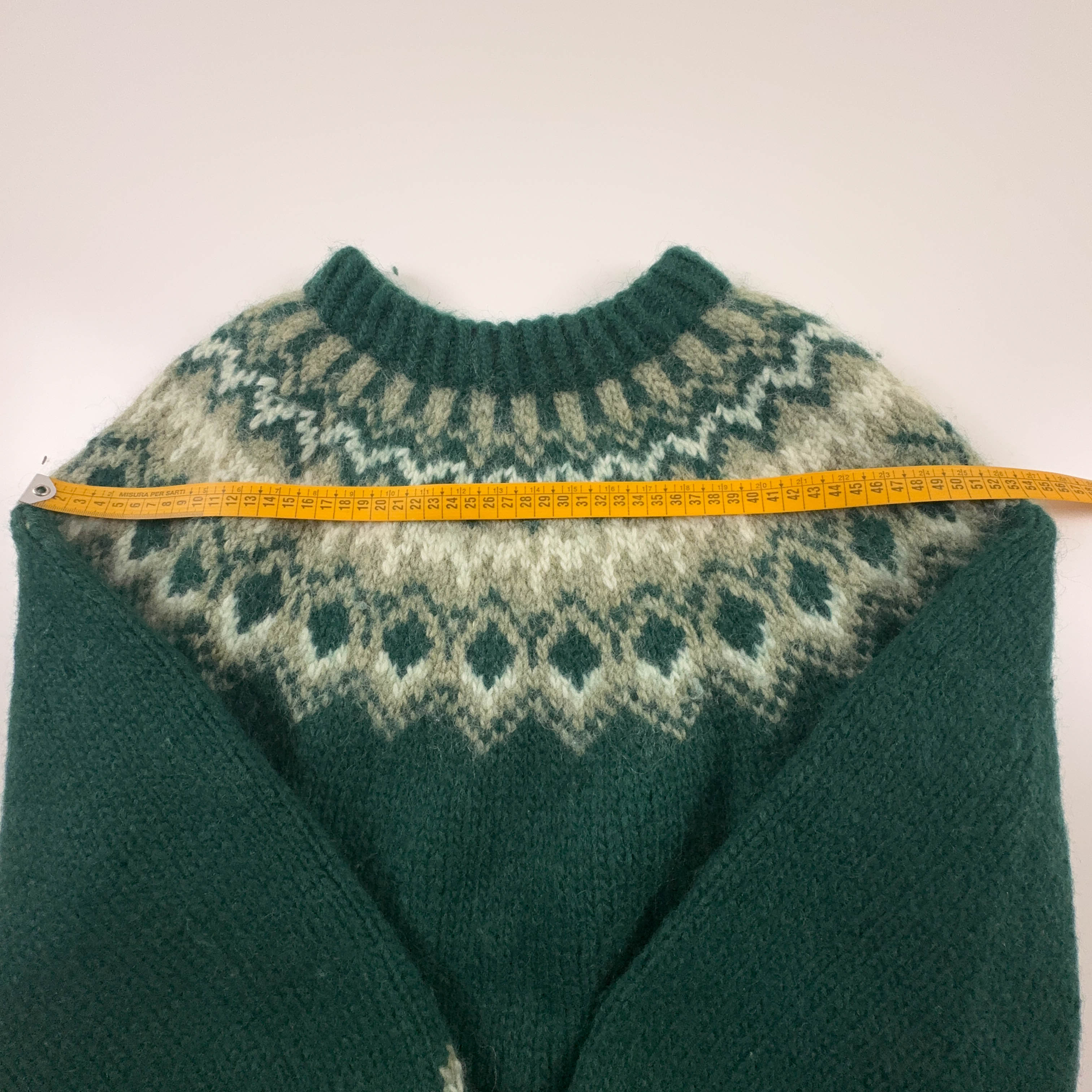 Maglione Vintage Handmade verde e crema a girocollo anni 80 90 - Taglia S uomo