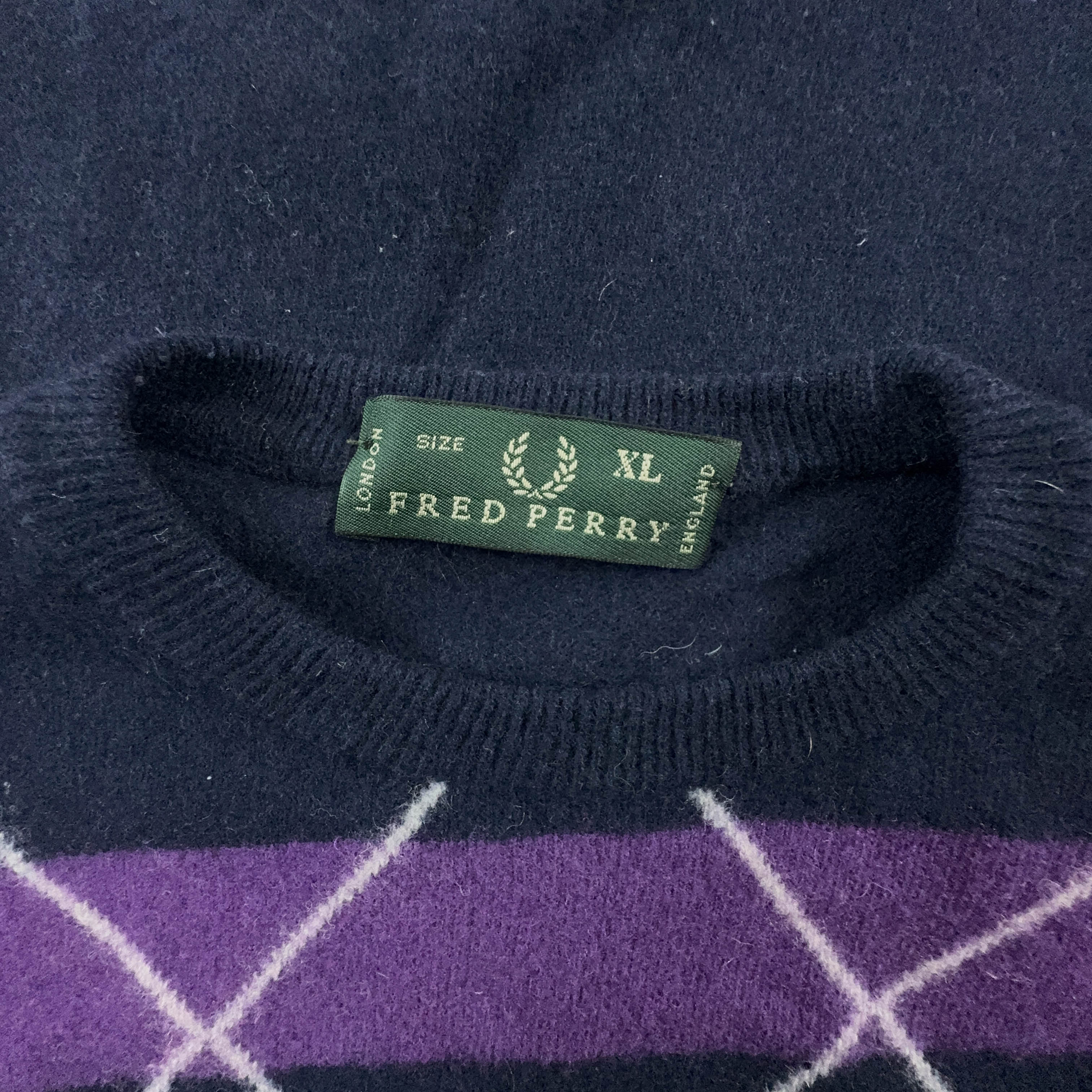 Maglione Fred Perry blue viola a righe e rombi misto lana - Taglia M uomo