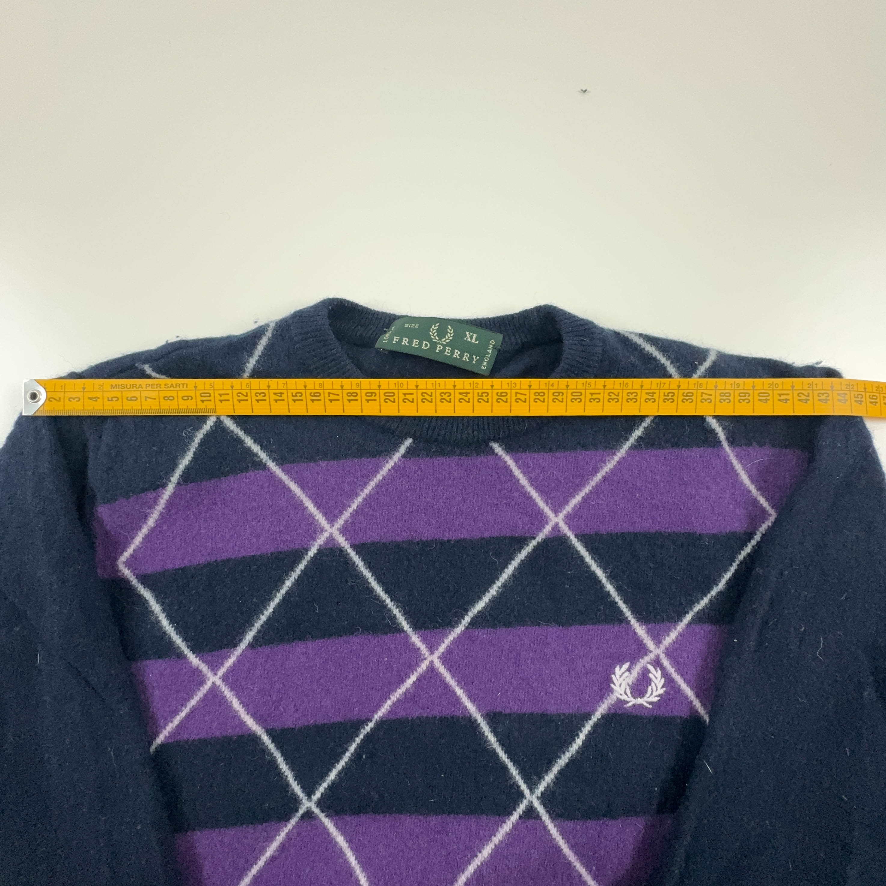 Maglione Fred Perry blue viola a righe e rombi misto lana - Taglia M uomo
