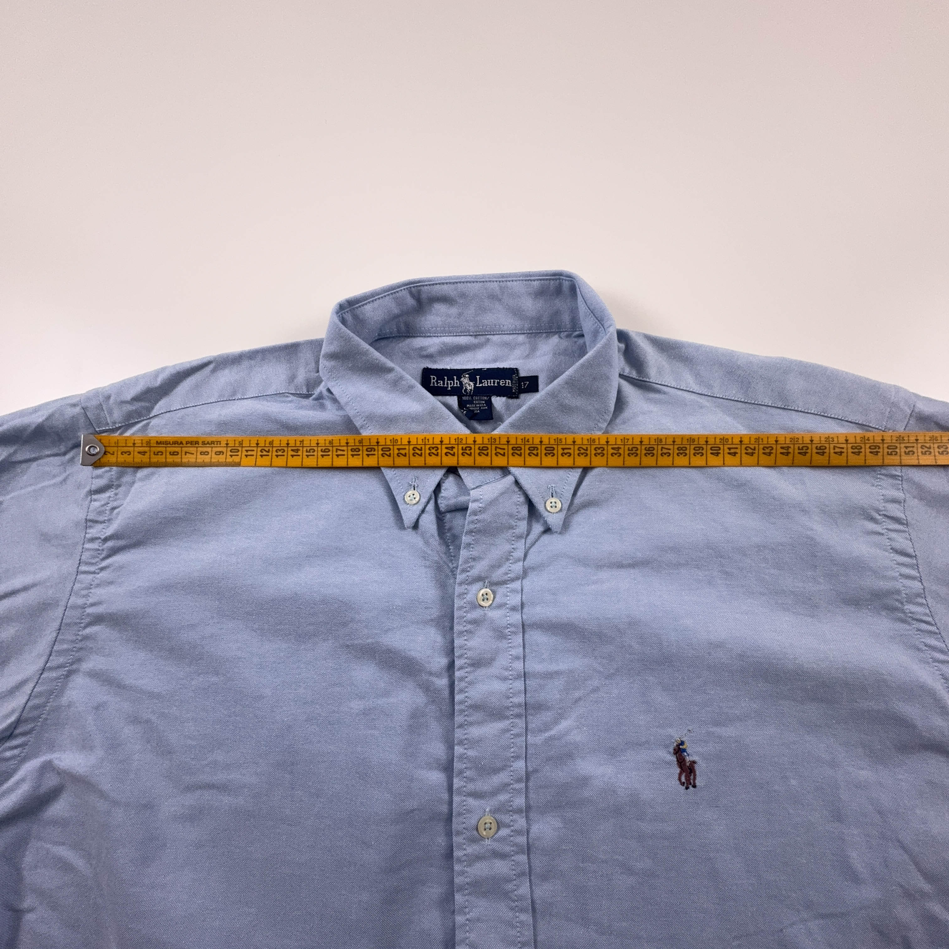 Camicia Ralph Lauren azzurra tinta unita in cotone logo ricamato - Taglia 17 uomo