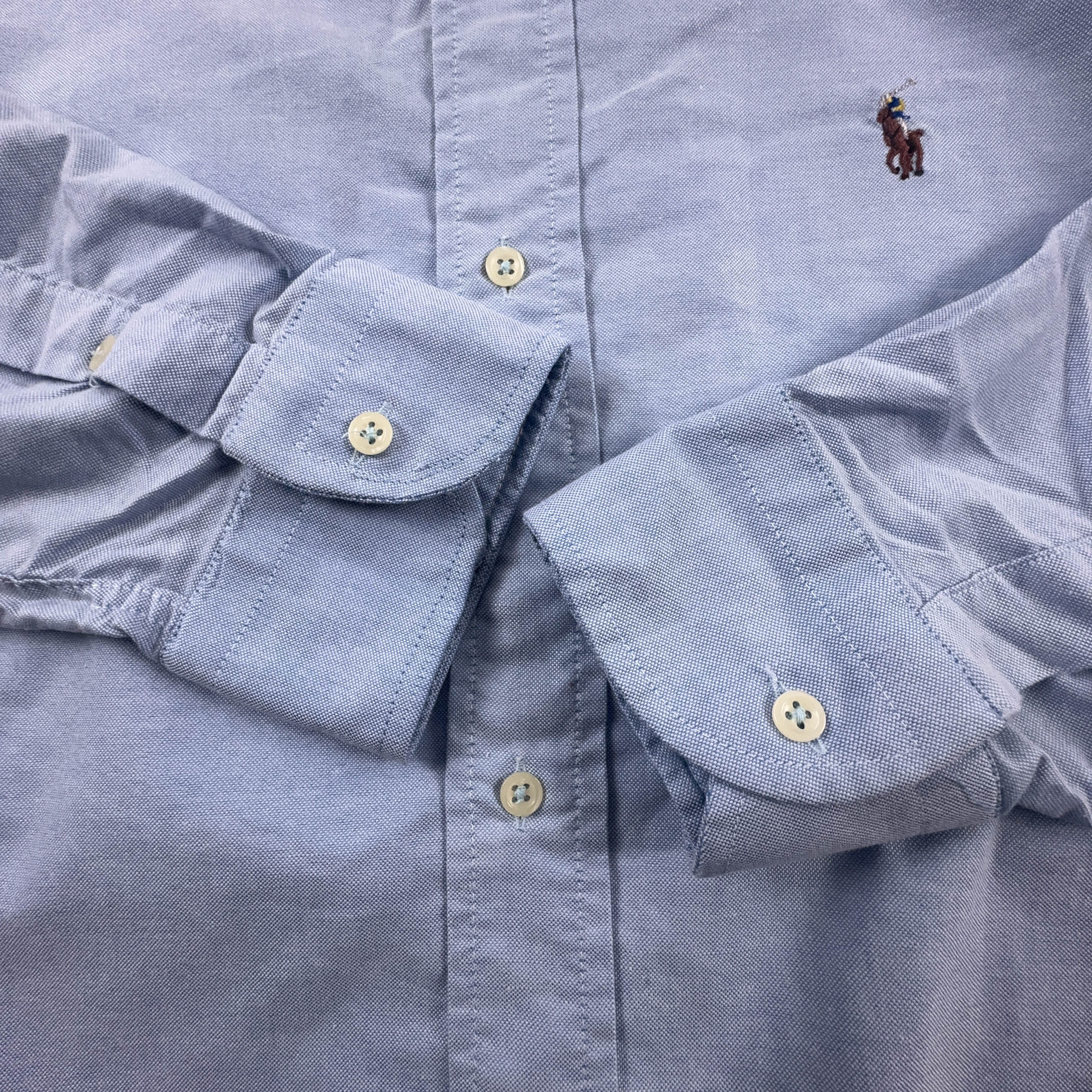 Camicia Ralph Lauren azzurra tinta unita in cotone logo ricamato - Taglia 17 uomo