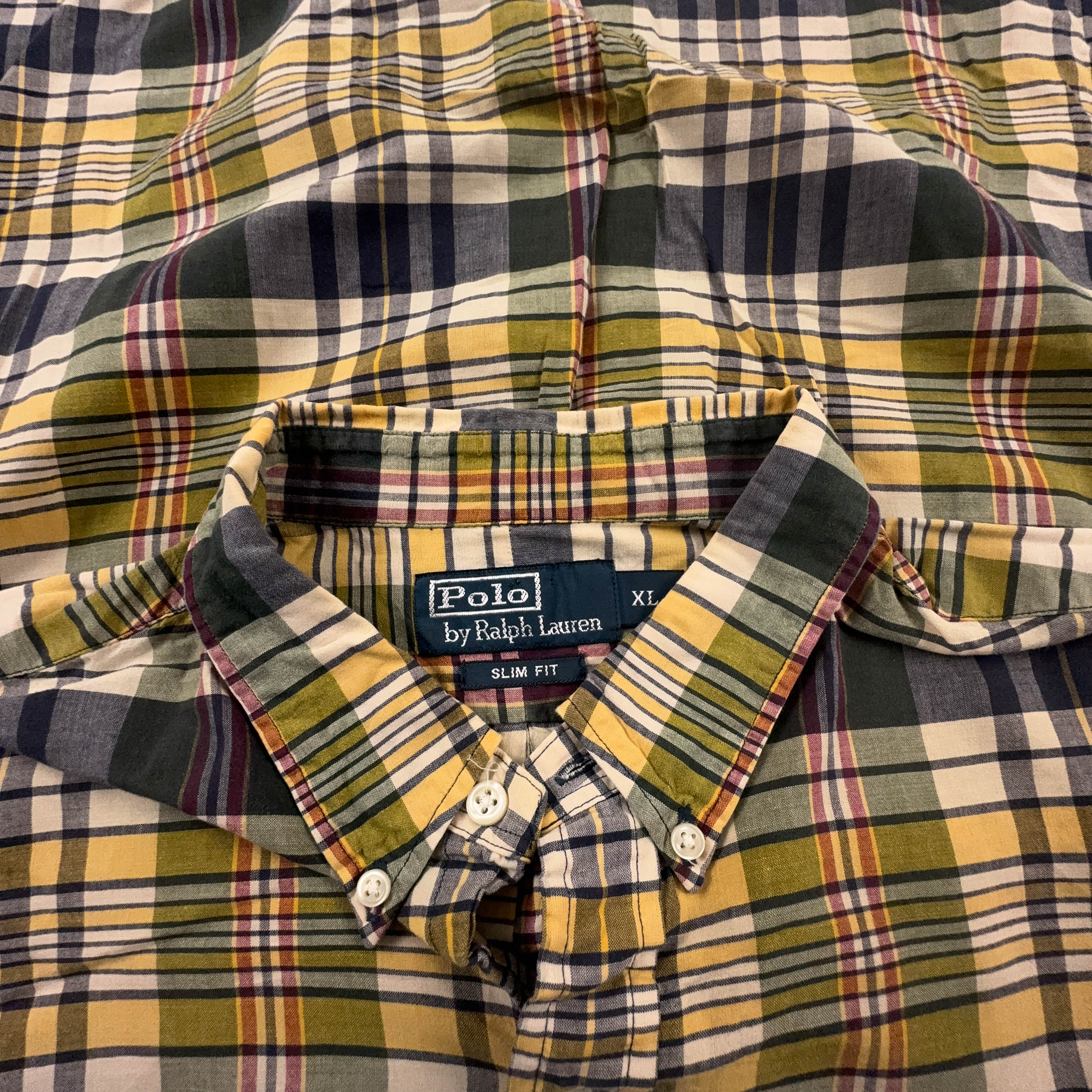 Camicia Ralph Lauren gialla e blu a quadri in cotone slim fit - Taglia L/XL uomo