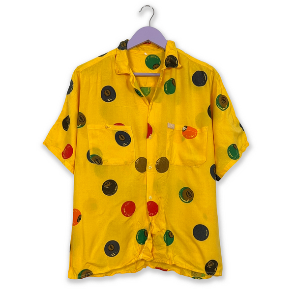 Yellow Vintage Shirt with Multi-Color Polka Dot Pattern - Men's Size M/L