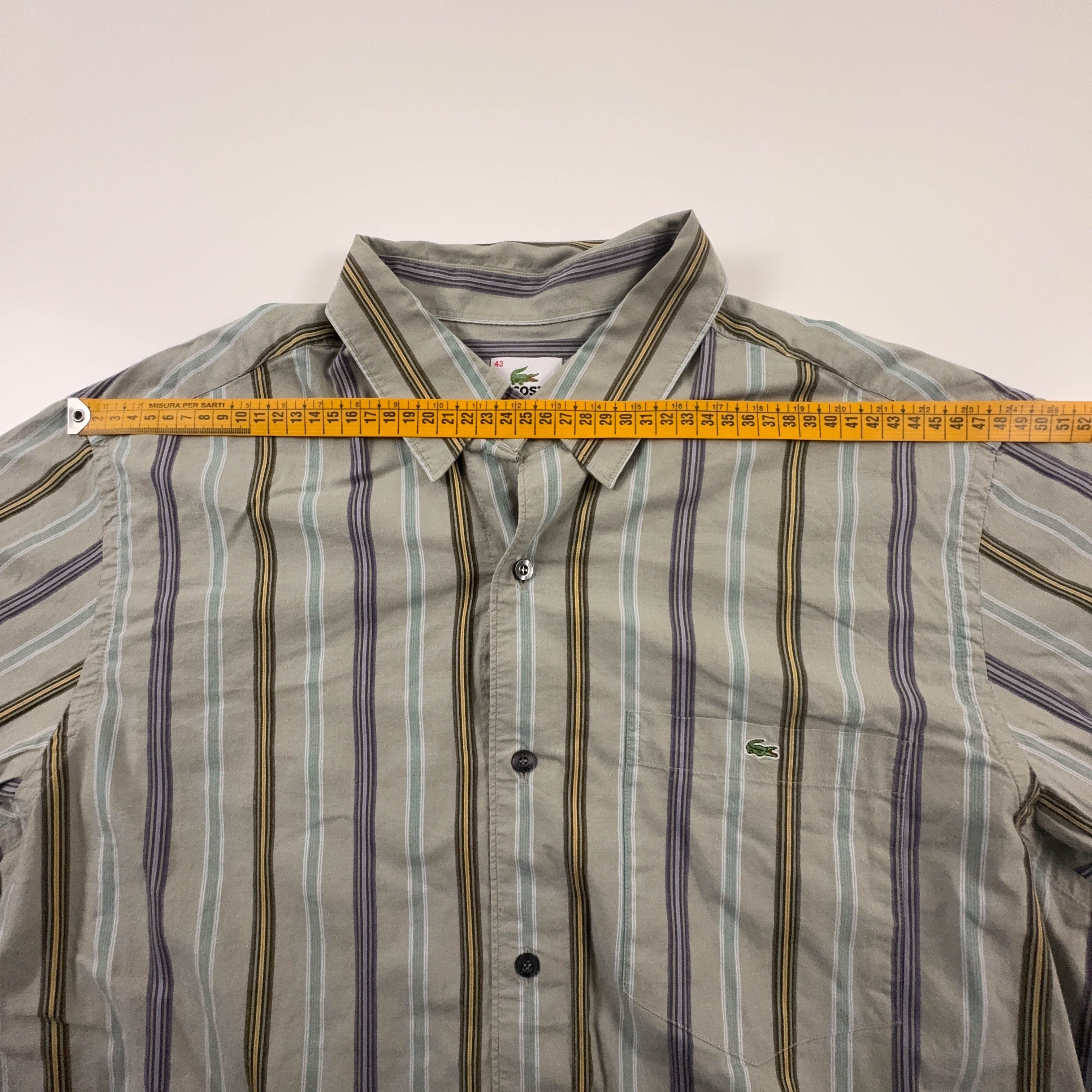 Camicia Lacoste verde grigia a righe in cotone logo ricamato - Taglia 43 uomo