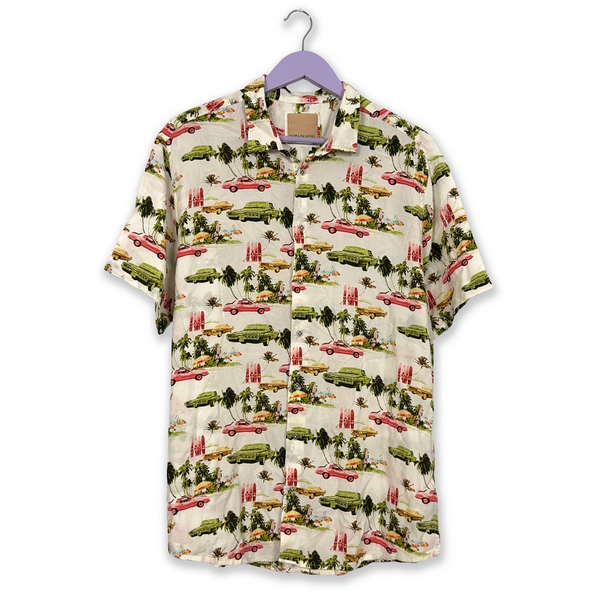 Cream Vintage Shirt with Multicolor Pattern - Men's Size L/XL