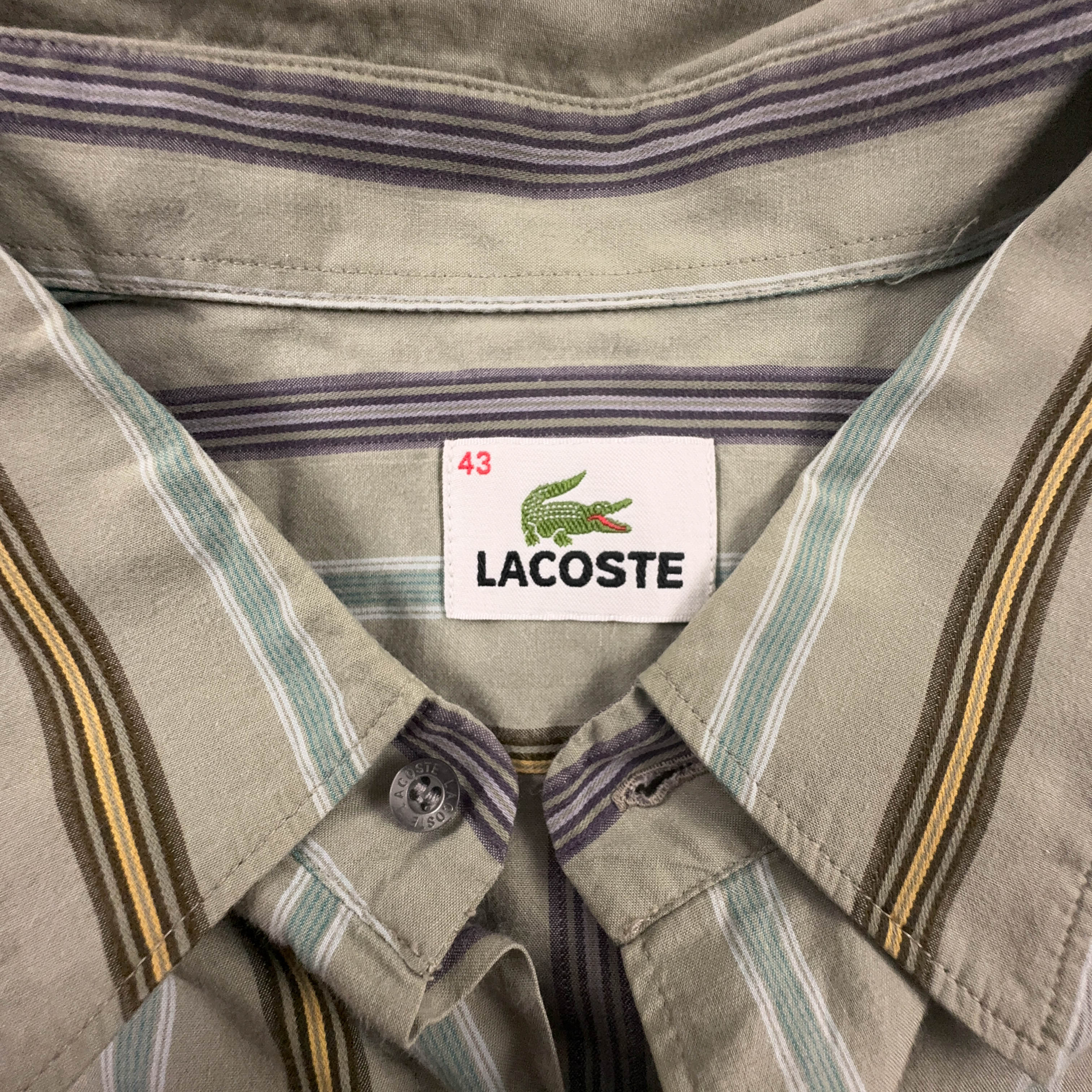 Camicia Lacoste verde grigia a righe in cotone logo ricamato - Taglia 43 uomo