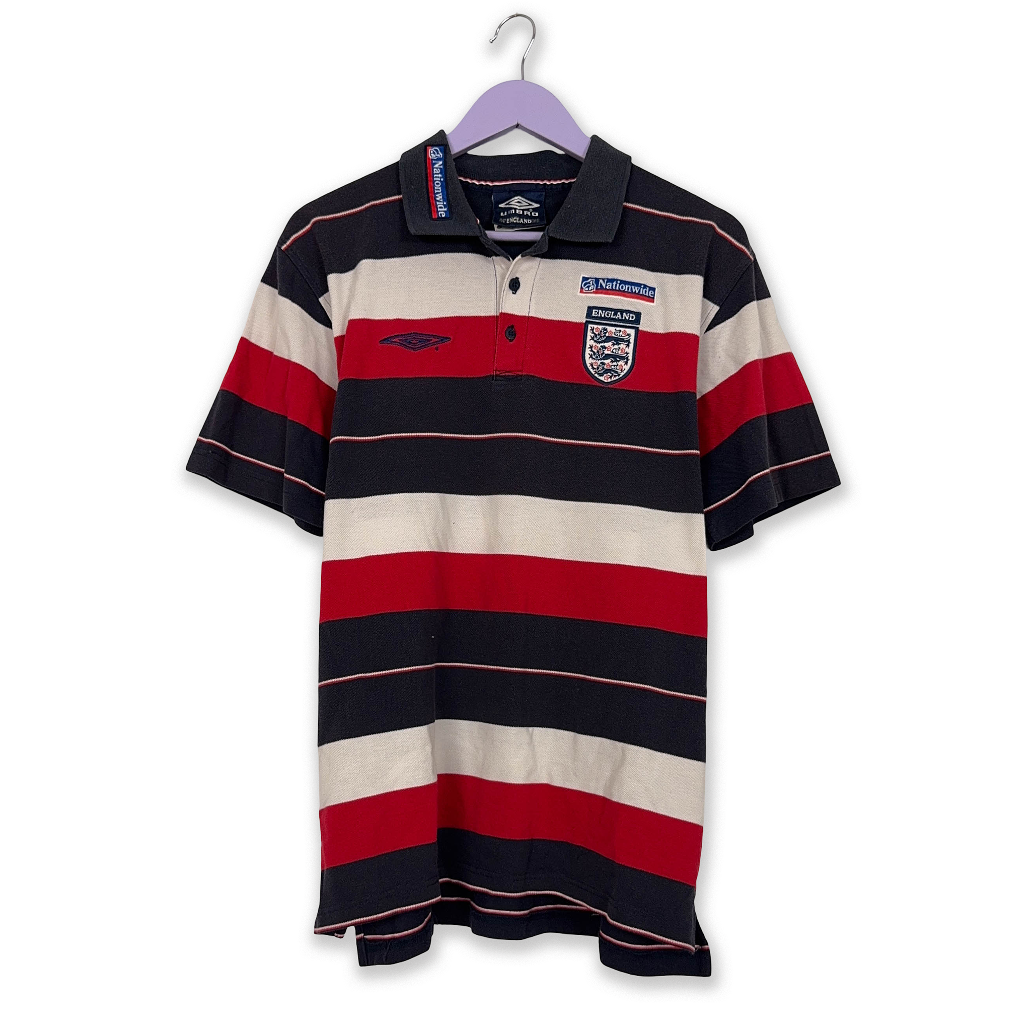 Umbro Vintage England Blue and Red Striped Cotton Polo Shirt - Men's Size XL