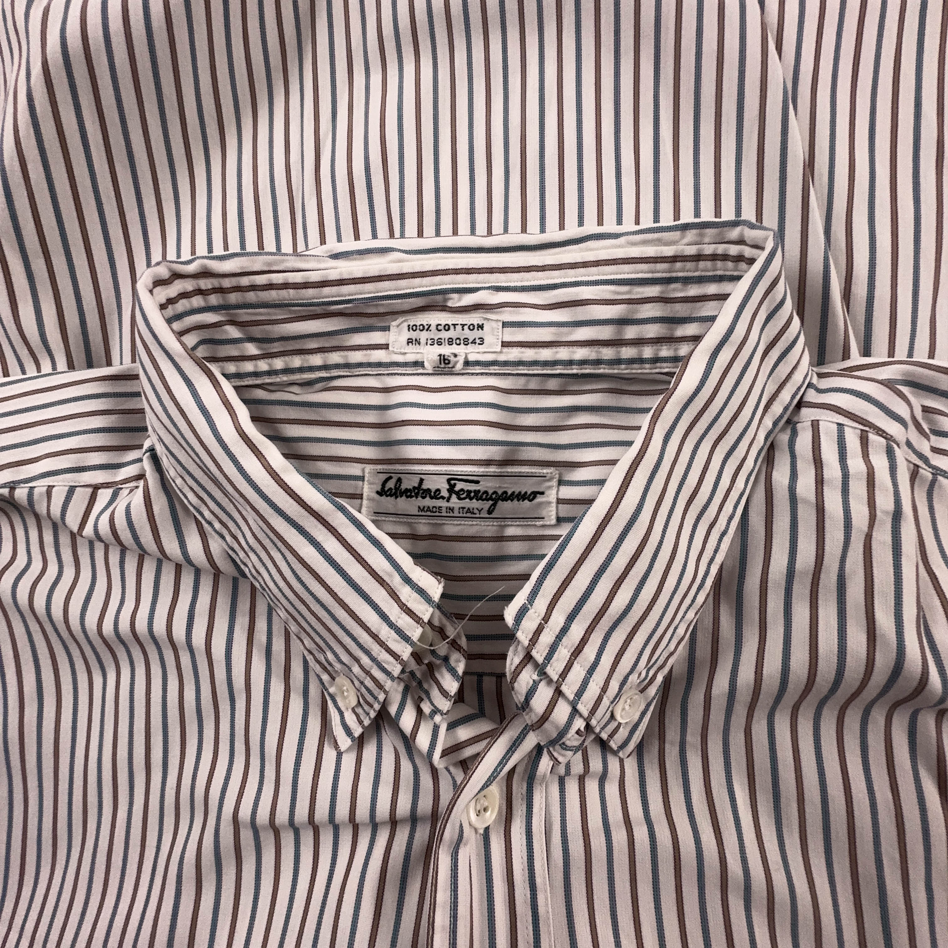 Camicia Ferragamo Vintage bianca a righe marroni e blu in cotone - Taglia 16 uomo