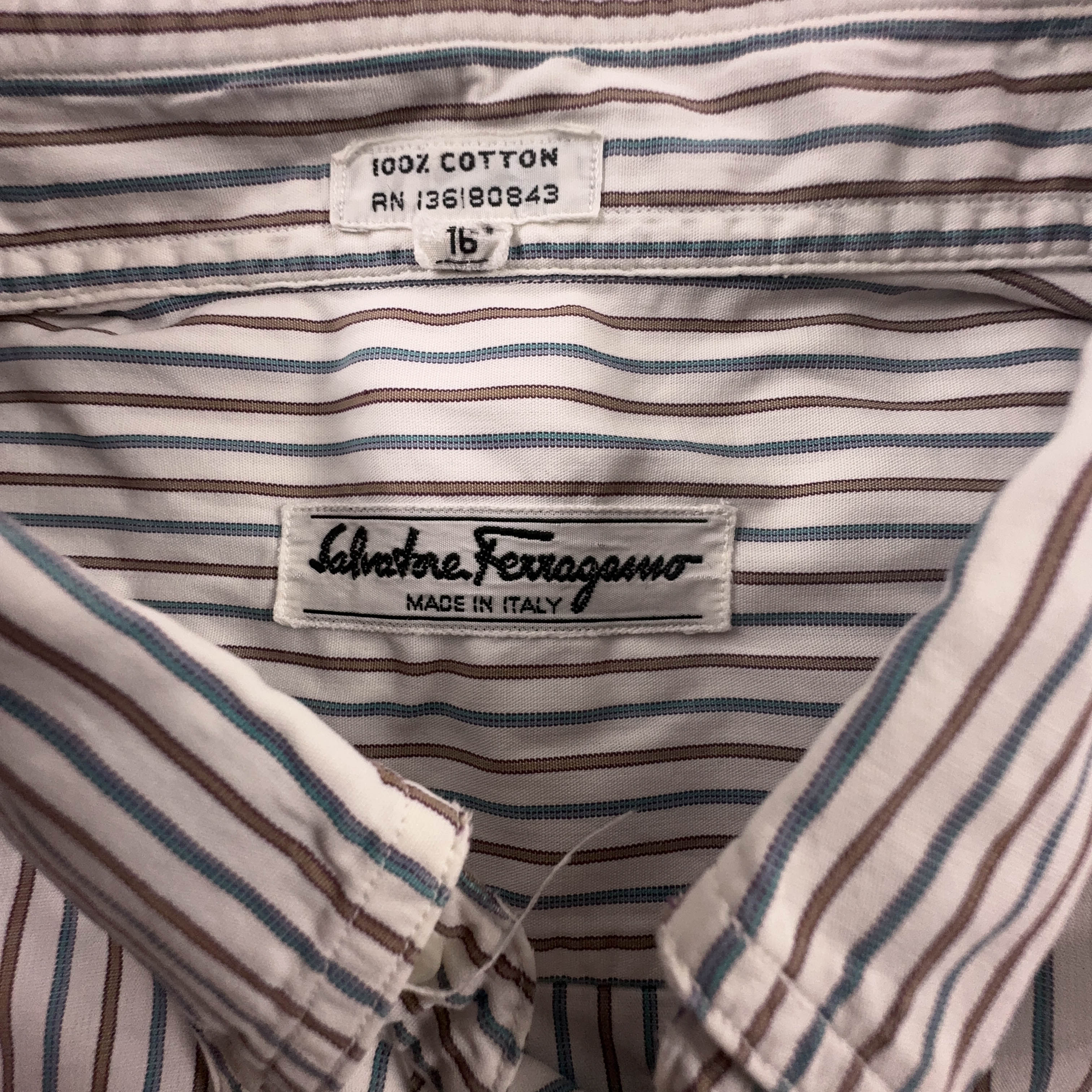 Camicia Ferragamo Vintage bianca a righe marroni e blu in cotone - Taglia 16 uomo