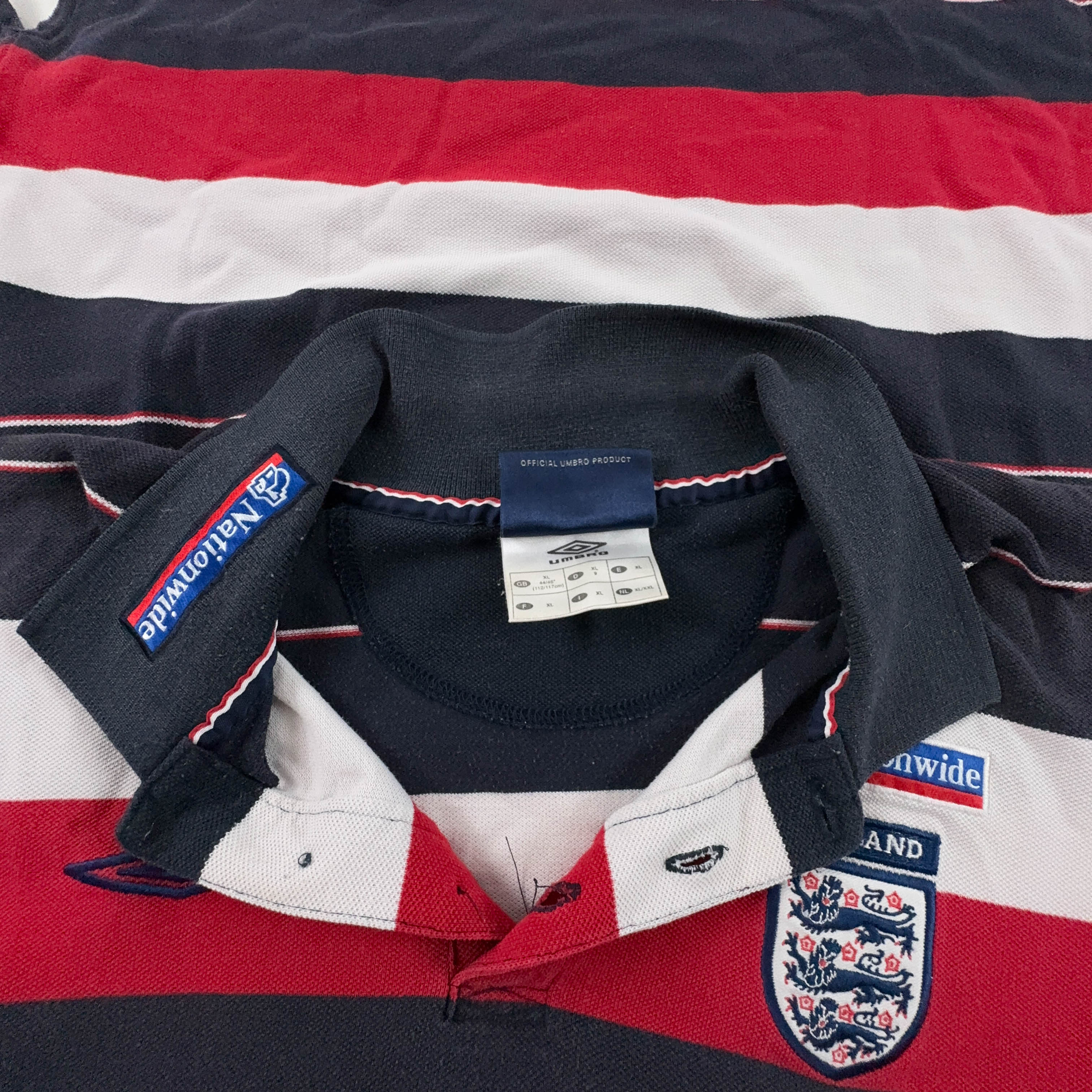 Umbro Vintage England Blue and Red Striped Cotton Polo Shirt - Men's Size XL