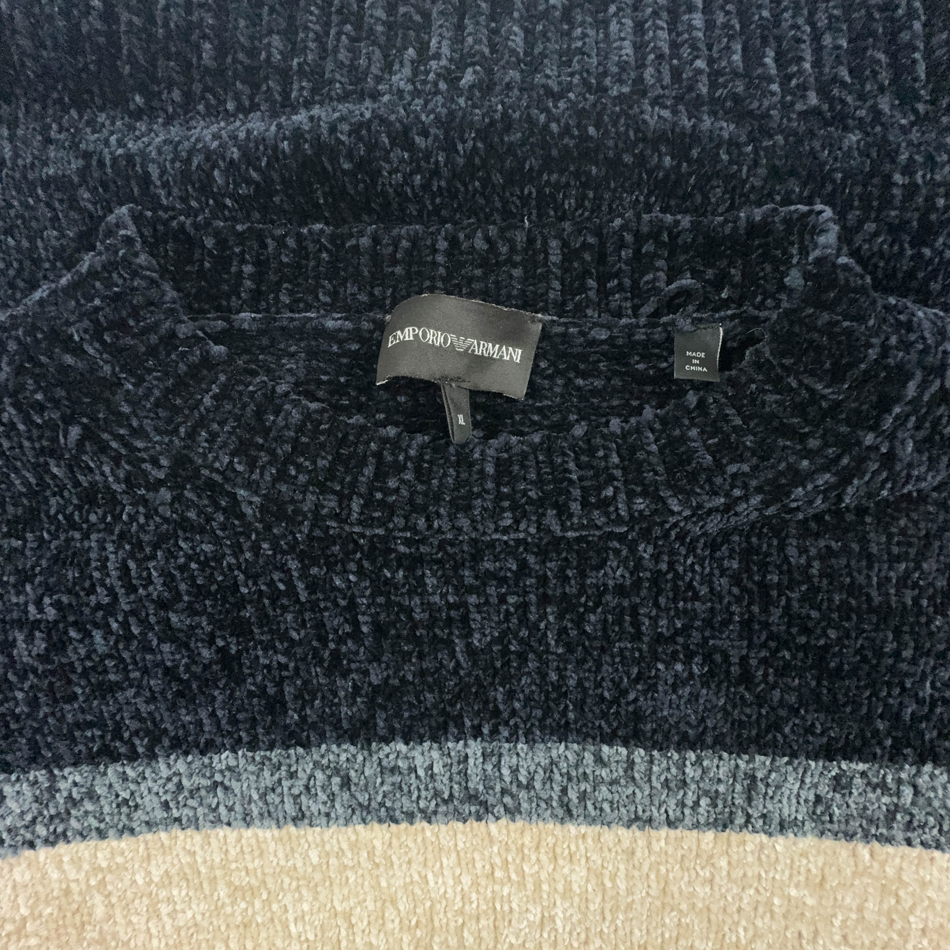 Emporio Armani Dark Blue & Beige Crew Neck Sweater - Size L/XL Men