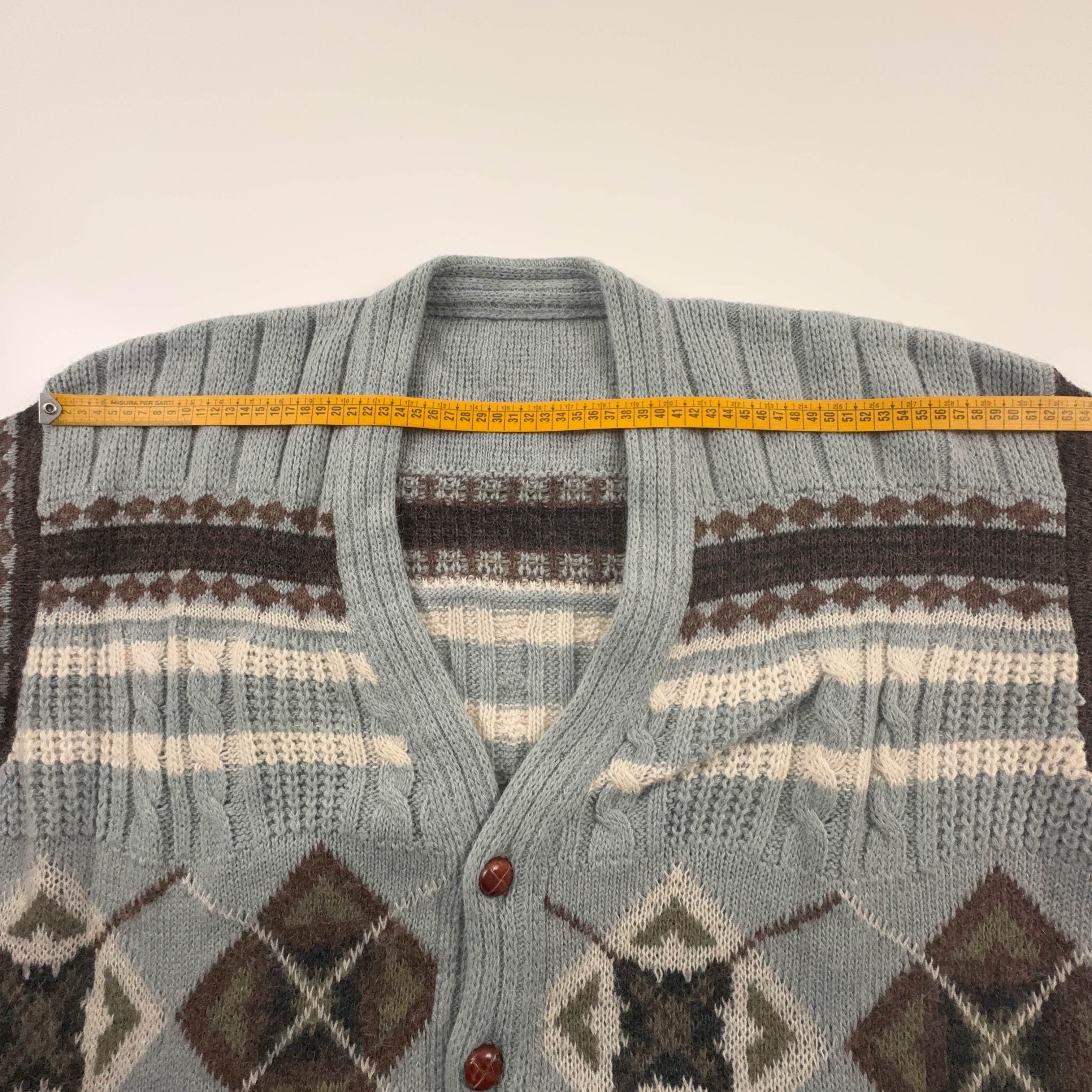 Cardigan Vintage azzurro geometrico con bottoni anni 80 90 - Taglia XL uomo
