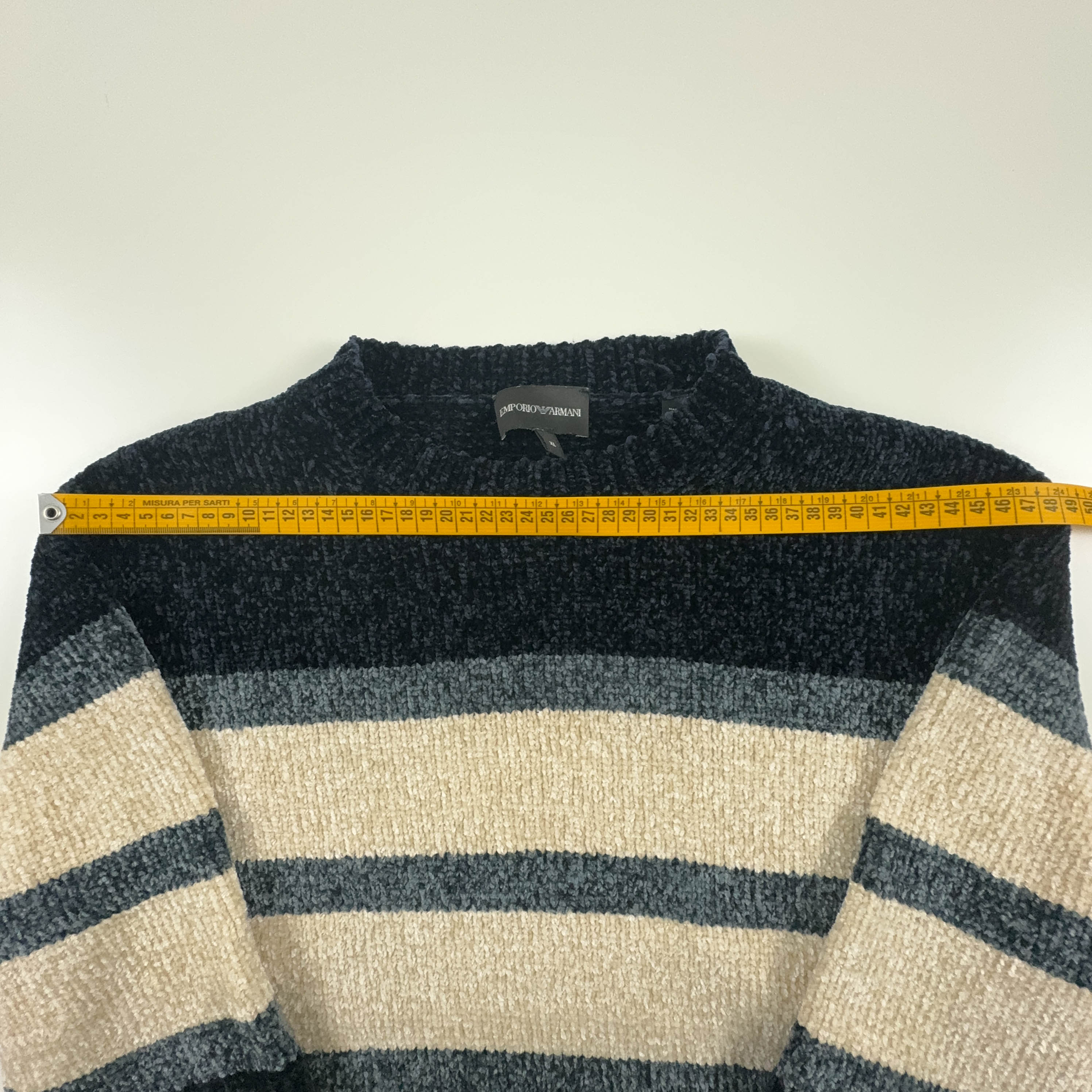 Emporio Armani Dark Blue & Beige Crew Neck Sweater - Size L/XL Men