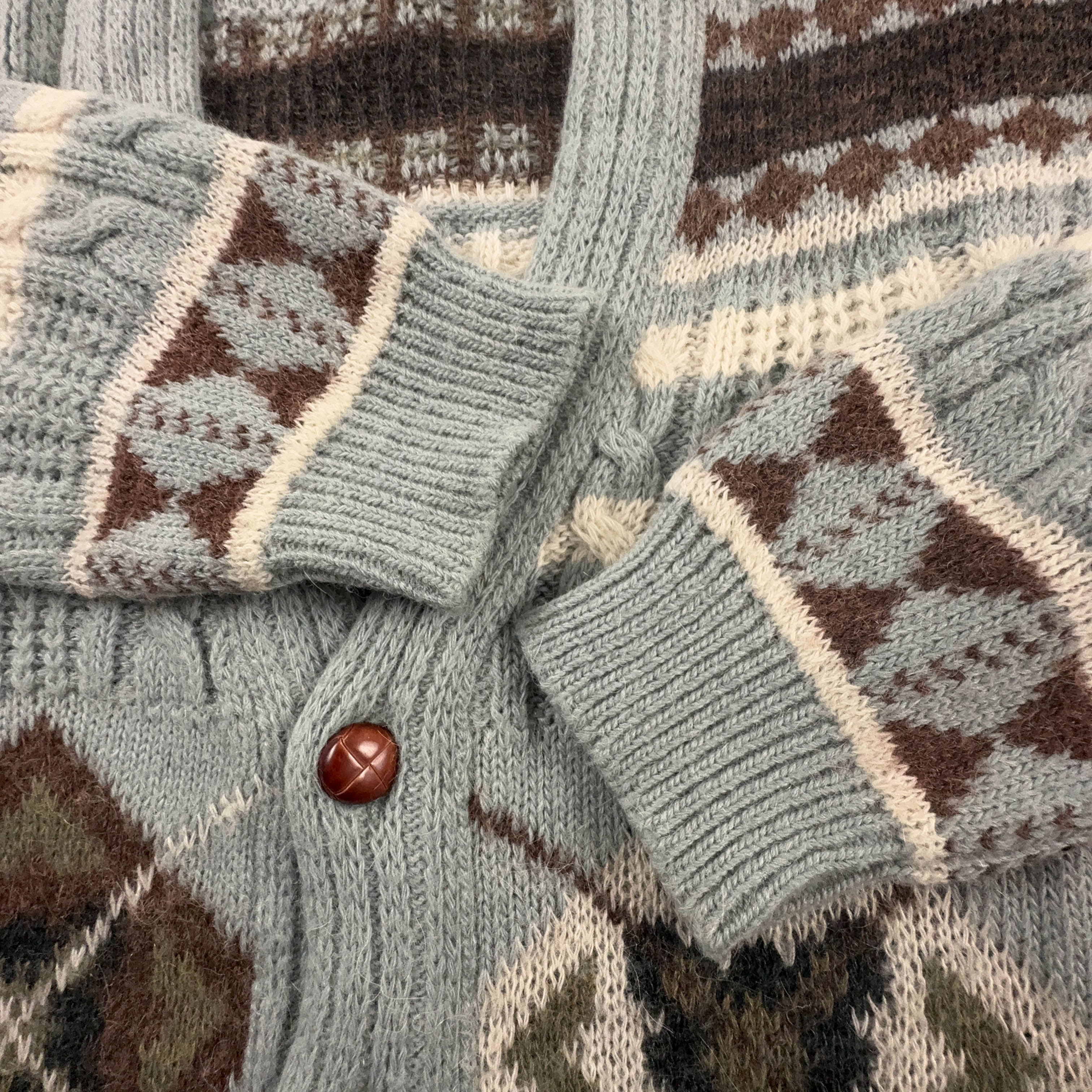 Cardigan Vintage azzurro geometrico con bottoni anni 80 90 - Taglia XL uomo