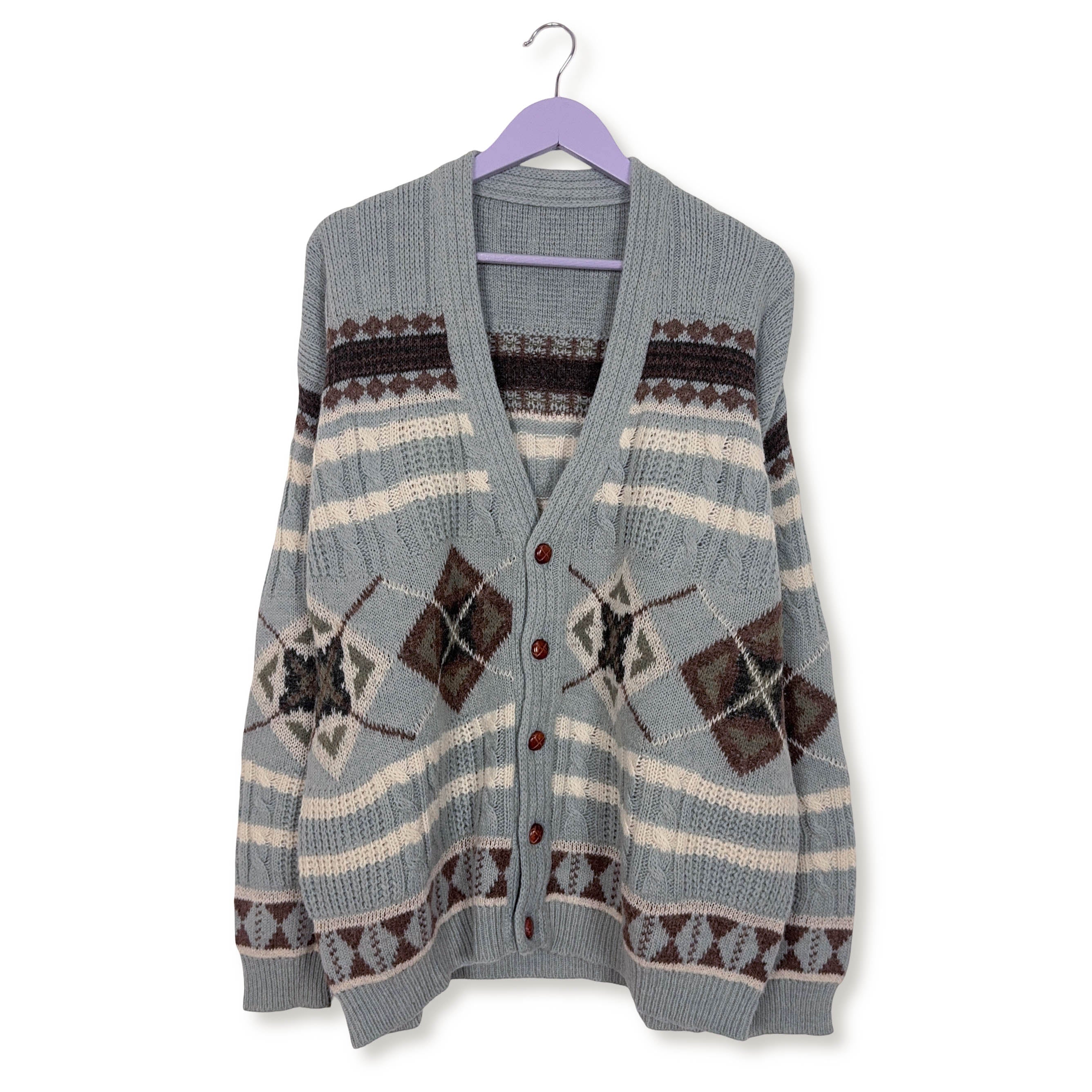 Cardigan Vintage azzurro geometrico con bottoni anni 80 90 - Taglia XL uomo