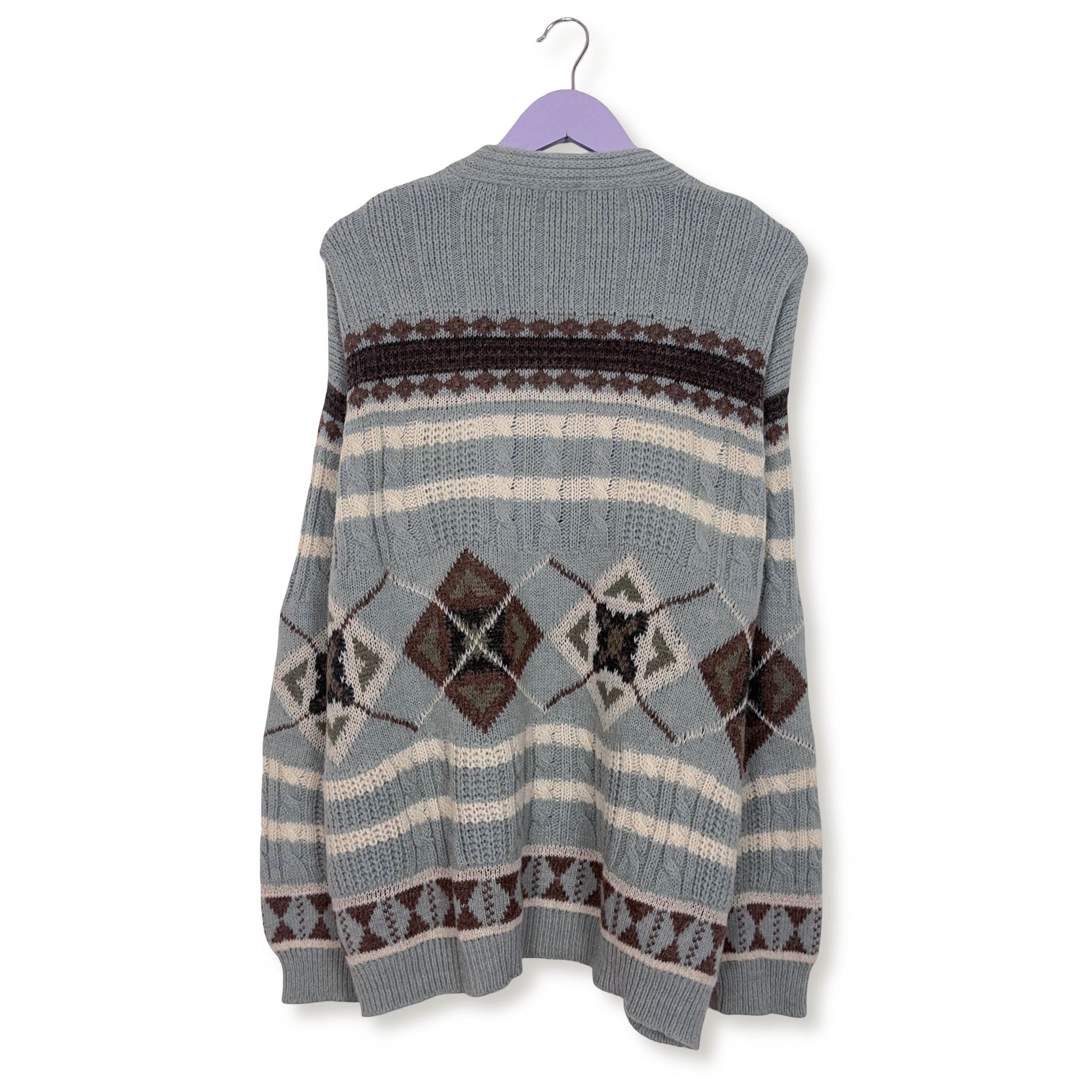 Cardigan Vintage azzurro geometrico con bottoni anni 80 90 - Taglia XL uomo