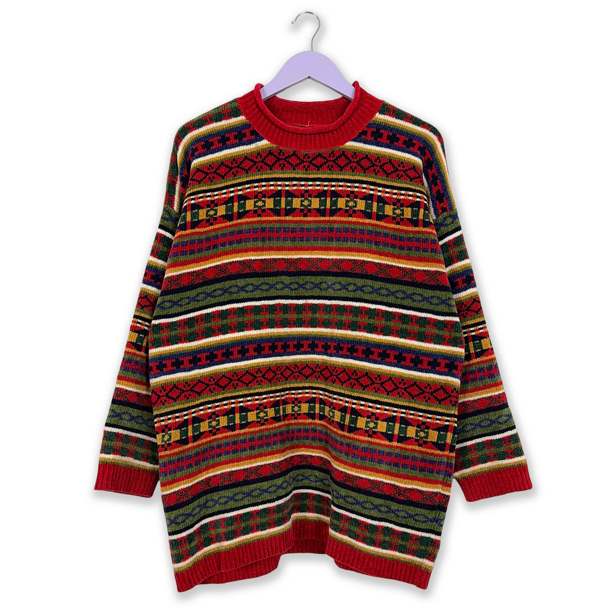 Vintage Red Striped 100% Acrylic Crew Neck Sweater - Size L/XL Men