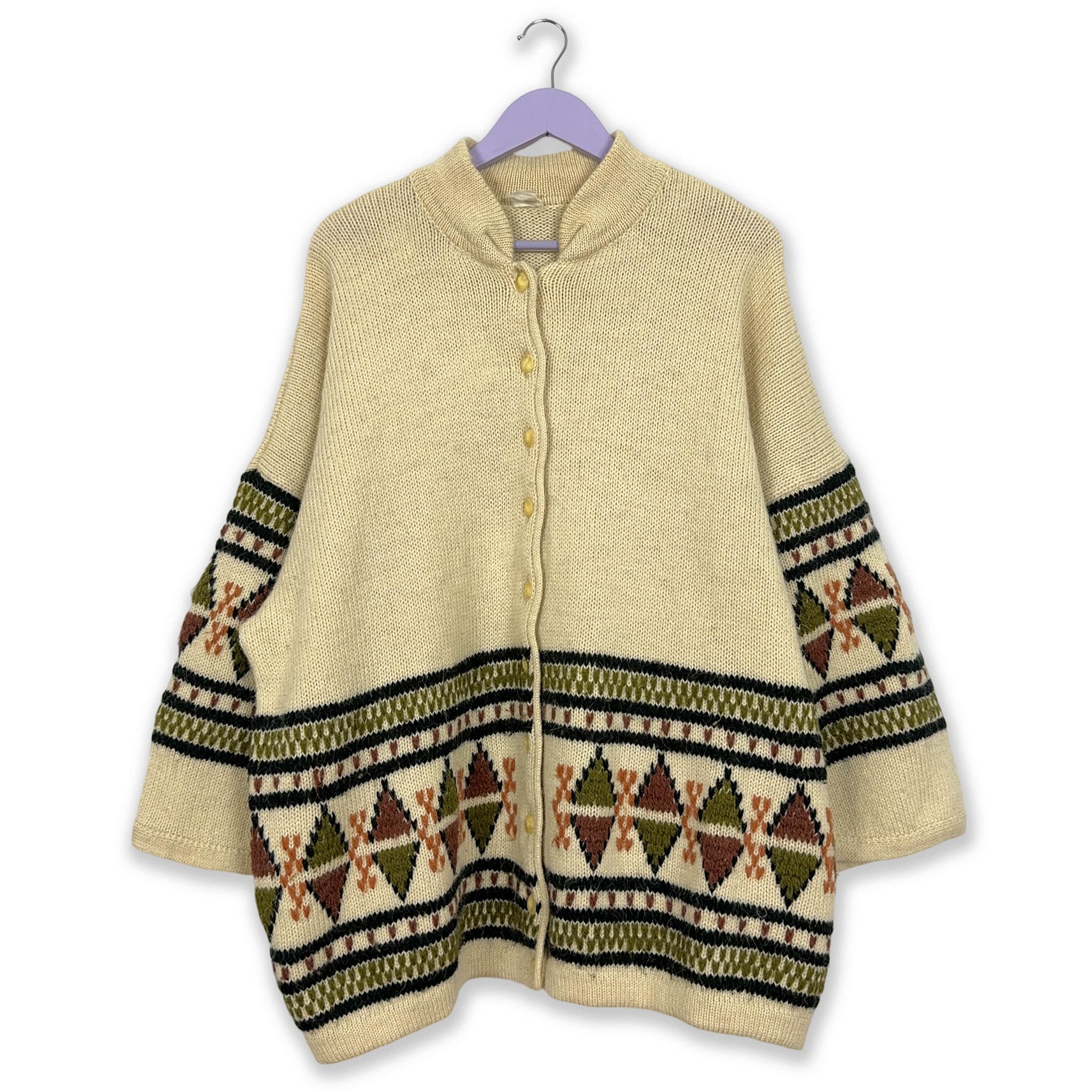 Vintage 100% wool beige patterned sweater with wide sleeves and buttons - Size XXL women