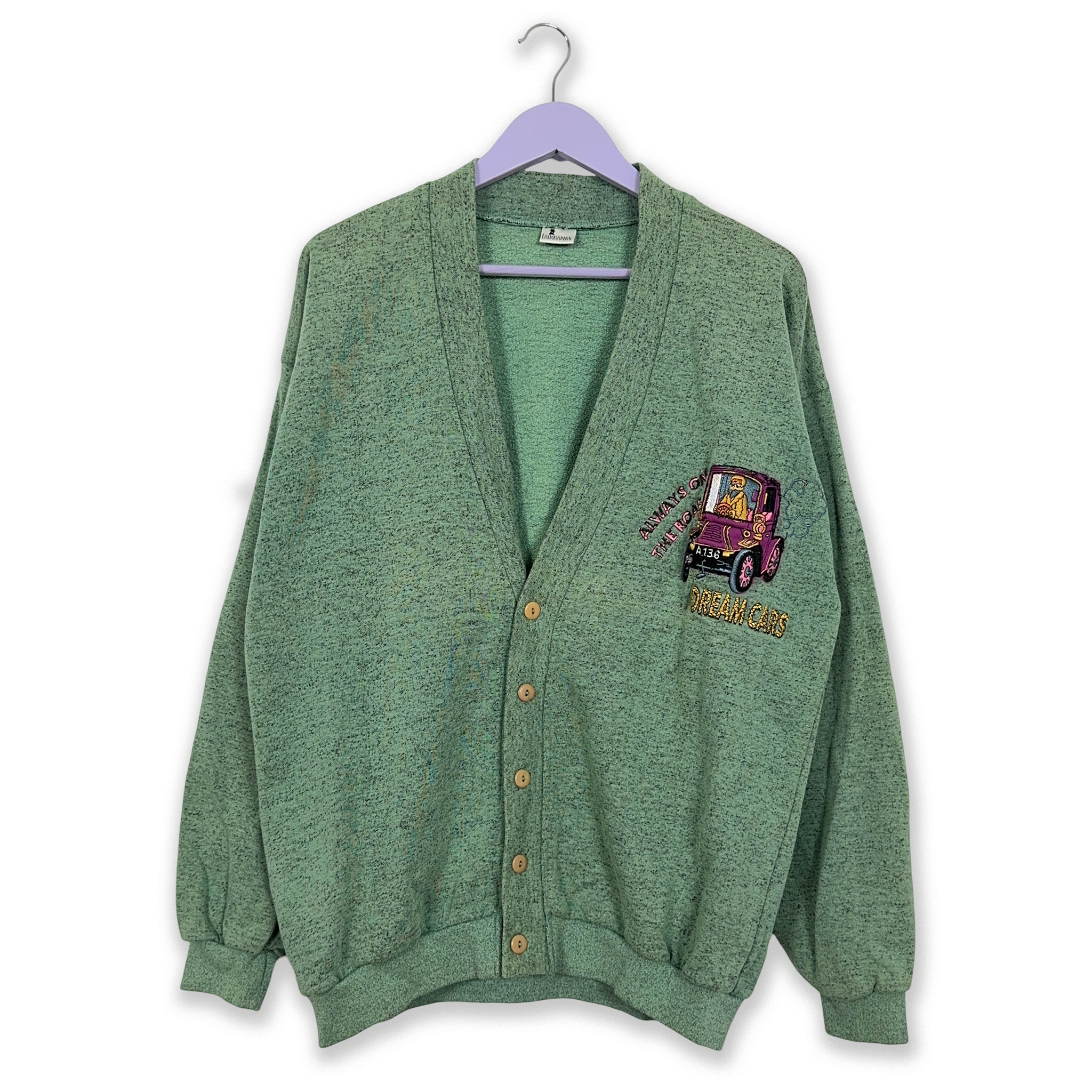 Aqua Green Vintage Cardigan with Buttons and Embroidery - Size L Men