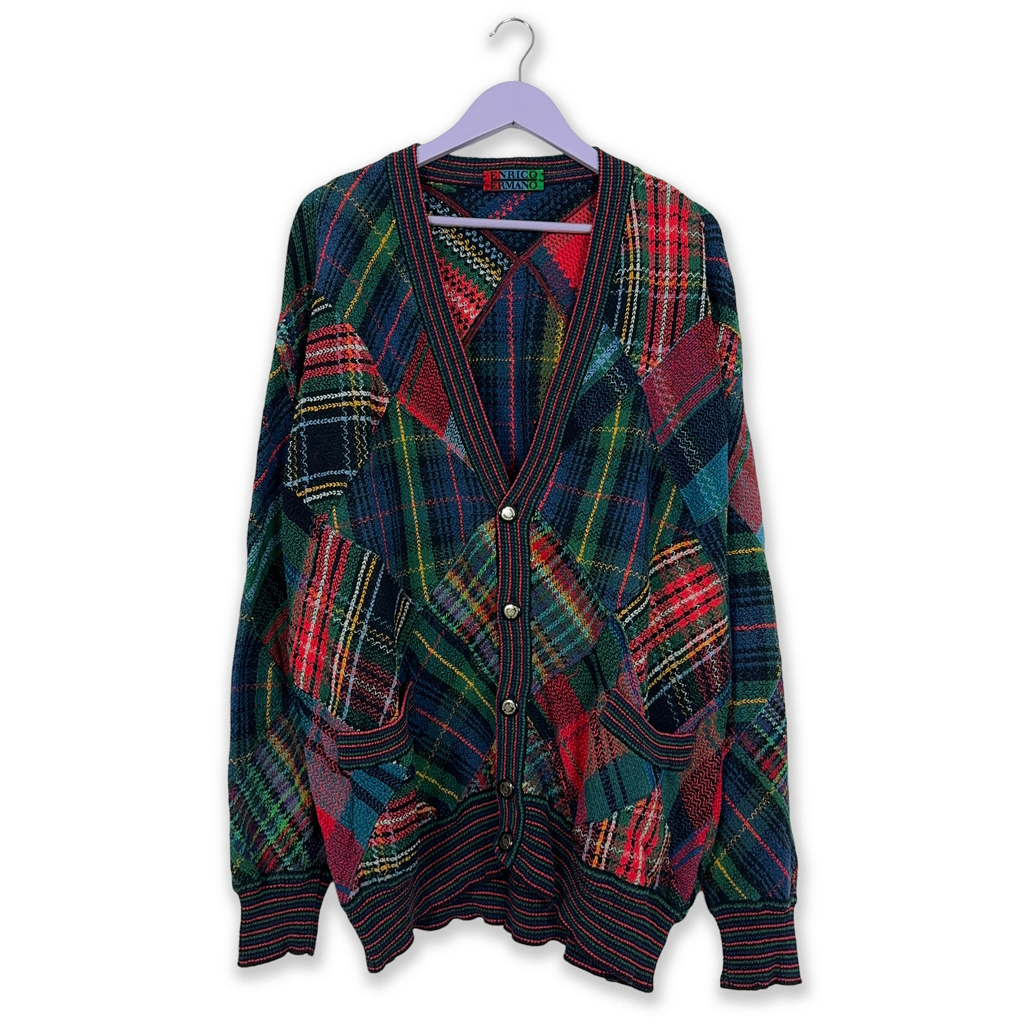 Ermanno Vintage 15% Linen Red and Blue Checked Cardigan with Buttons - Size XXL Men