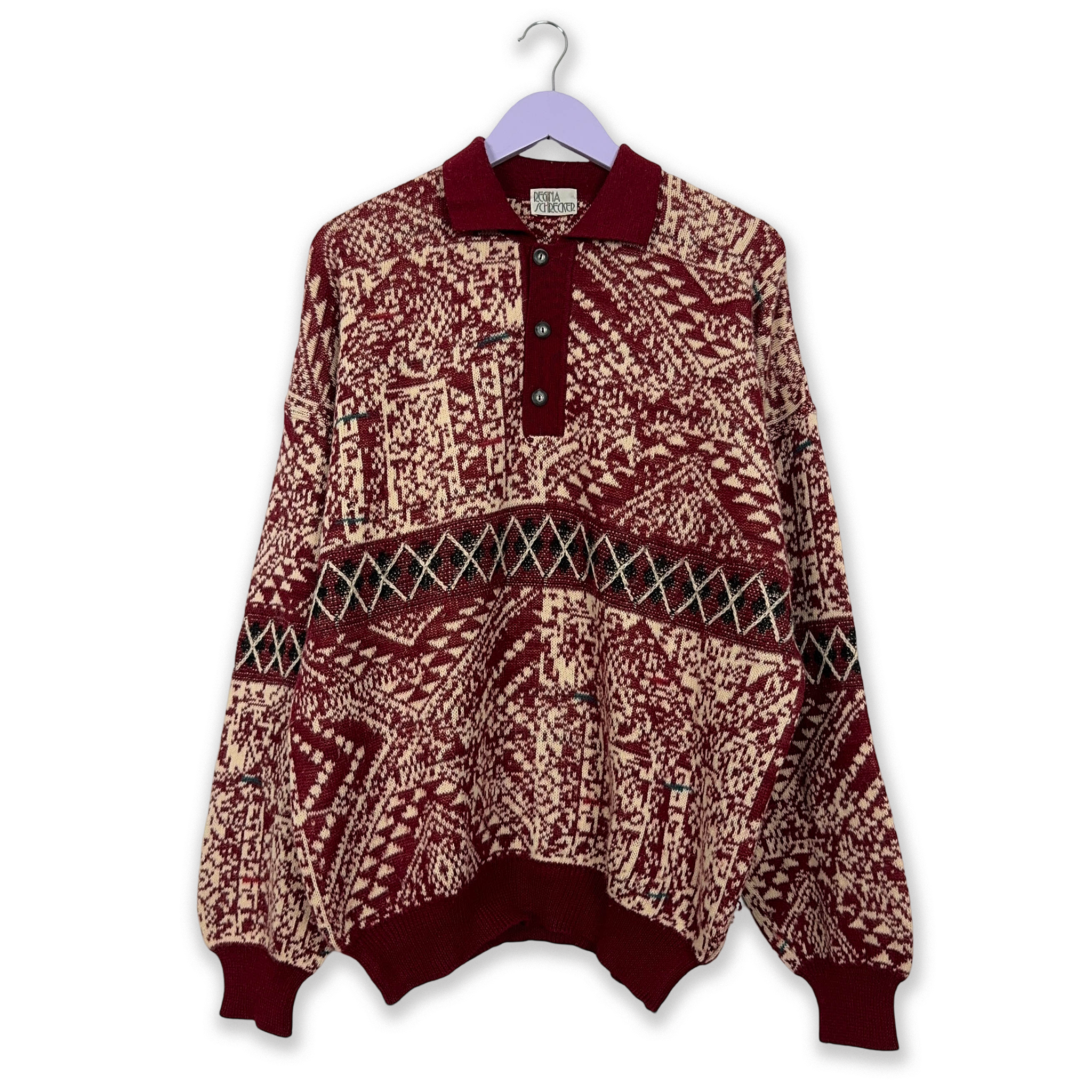 Vintage Burgundy and Cream 100% Wool Button Up Sweater - Size XL Men