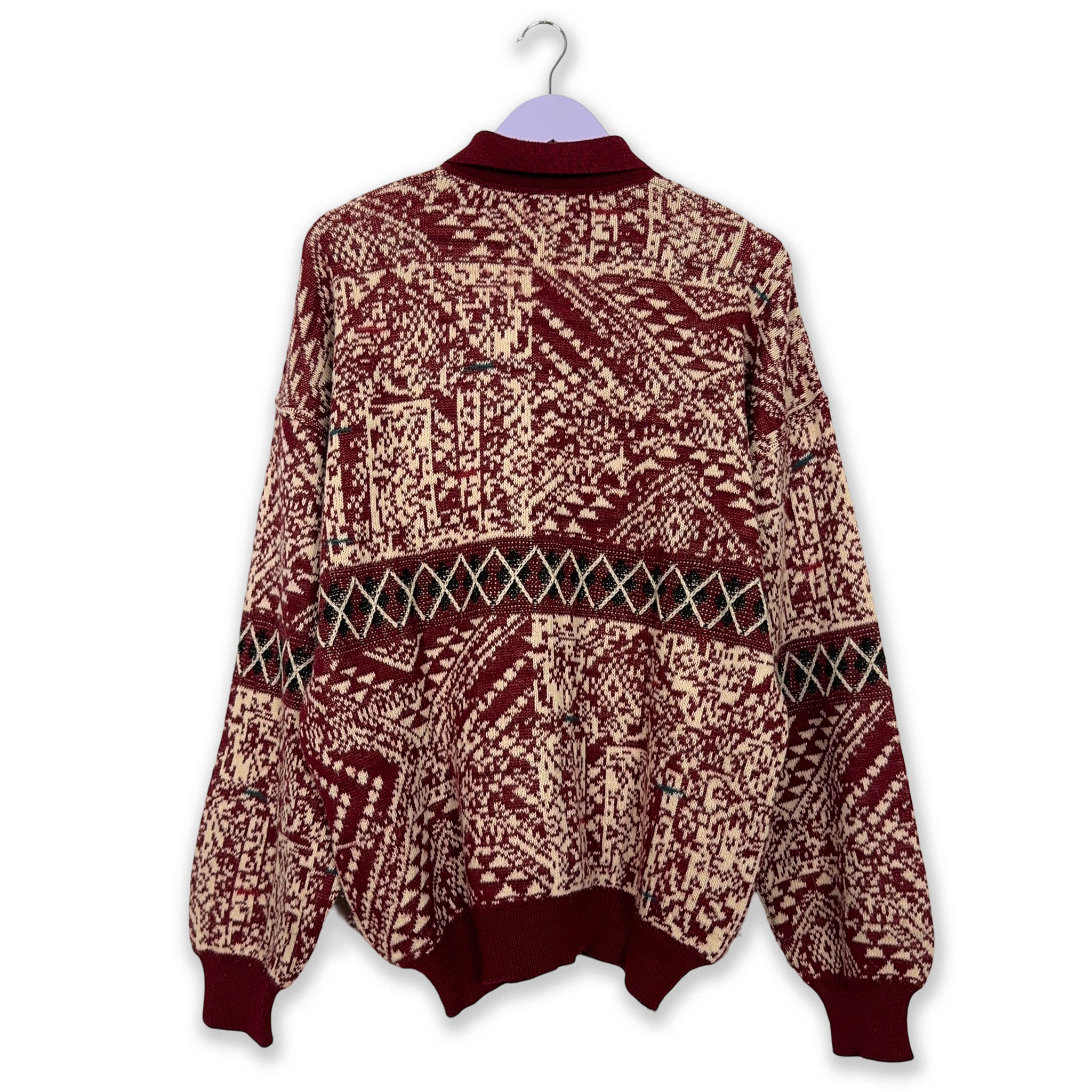 Vintage Burgundy and Cream 100% Wool Button Up Sweater - Size XL Men