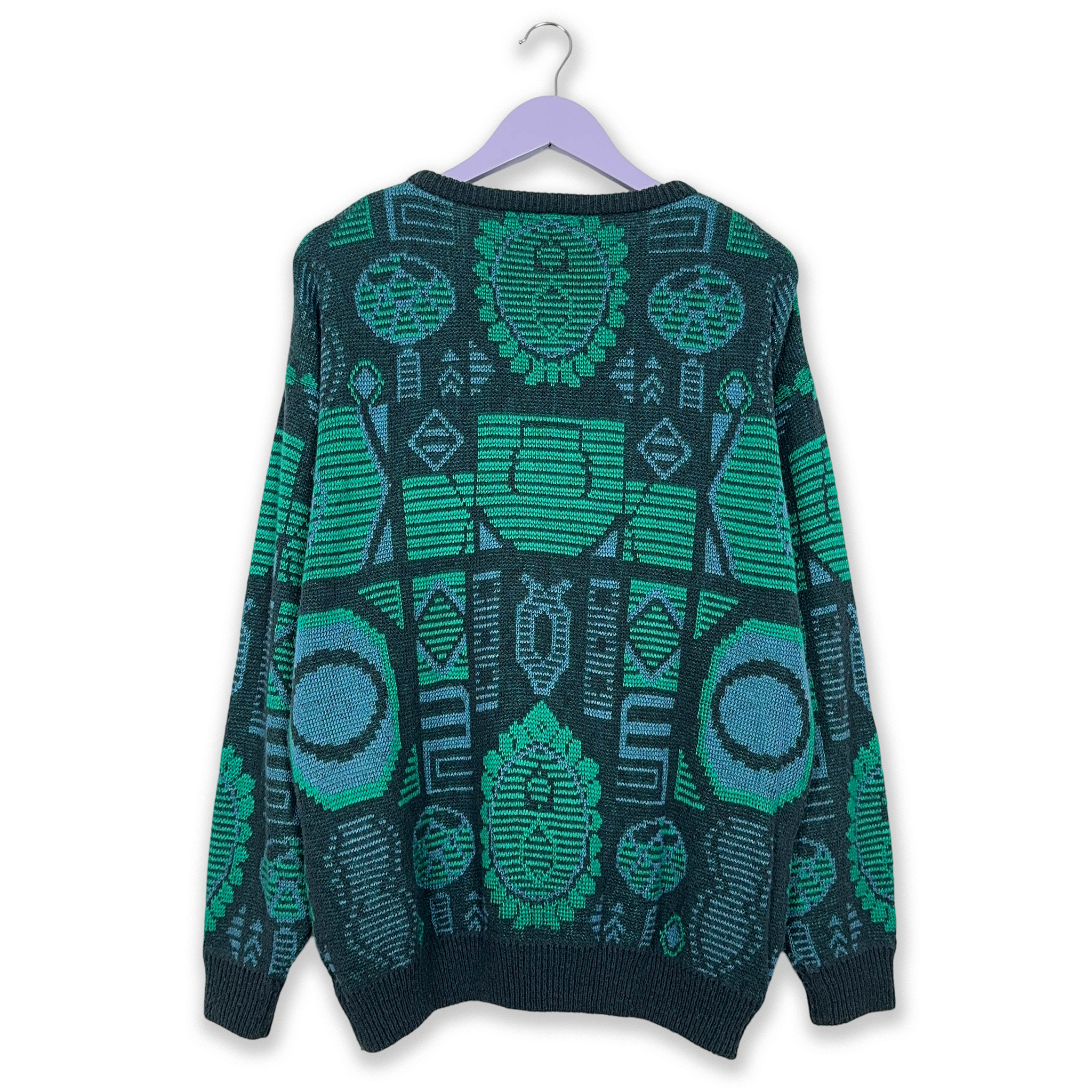 Vintage 30% cotton blue and green geometric pattern crew neck sweater - Size L men